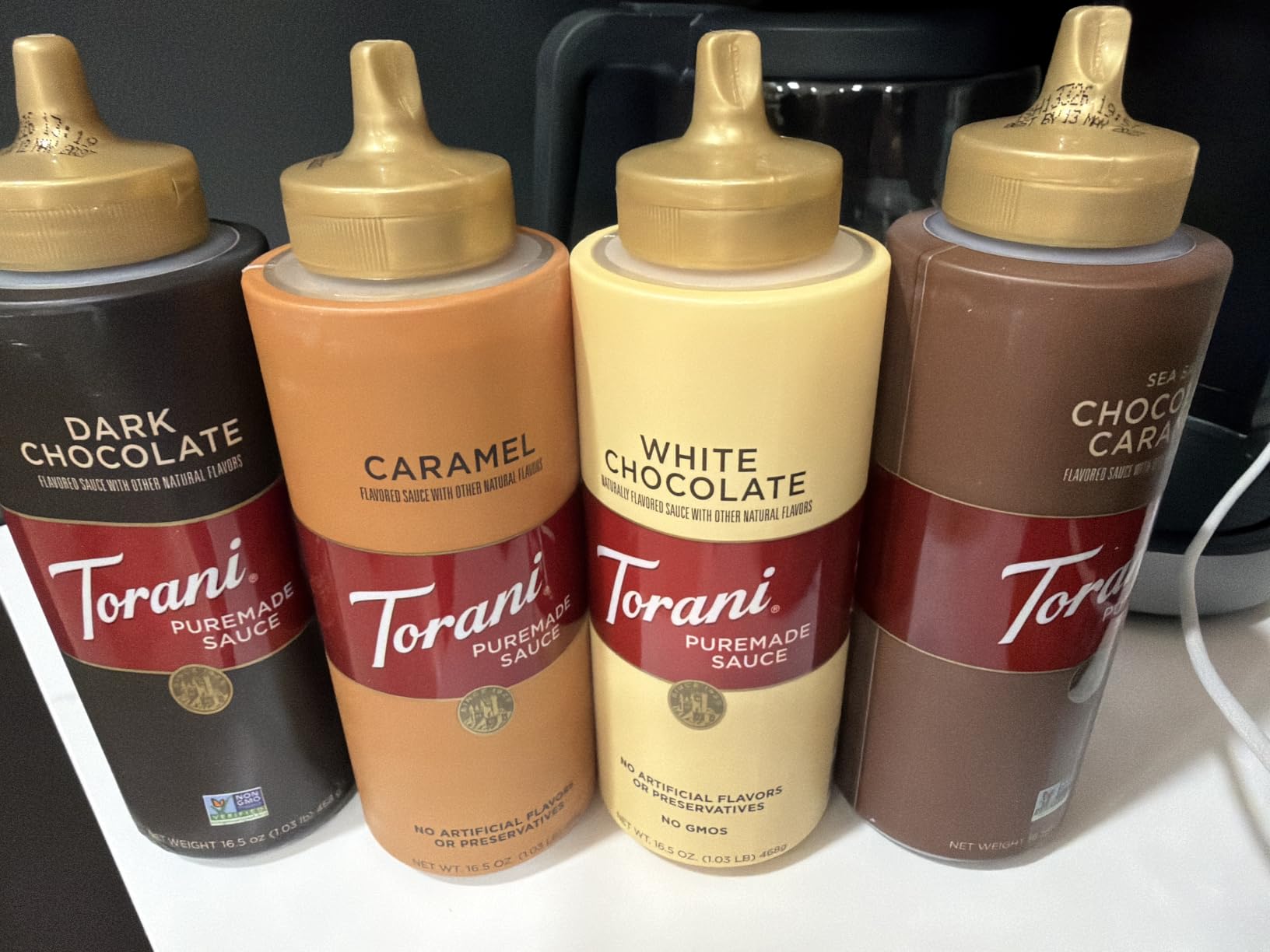 Torani Puremade Dessert & Drink Sauce Variety Pack, Chocolate Caramel, Dark Chocolate, White Chocolate & Caramel, 16.5 fl oz (Set of 4) customer photo 1