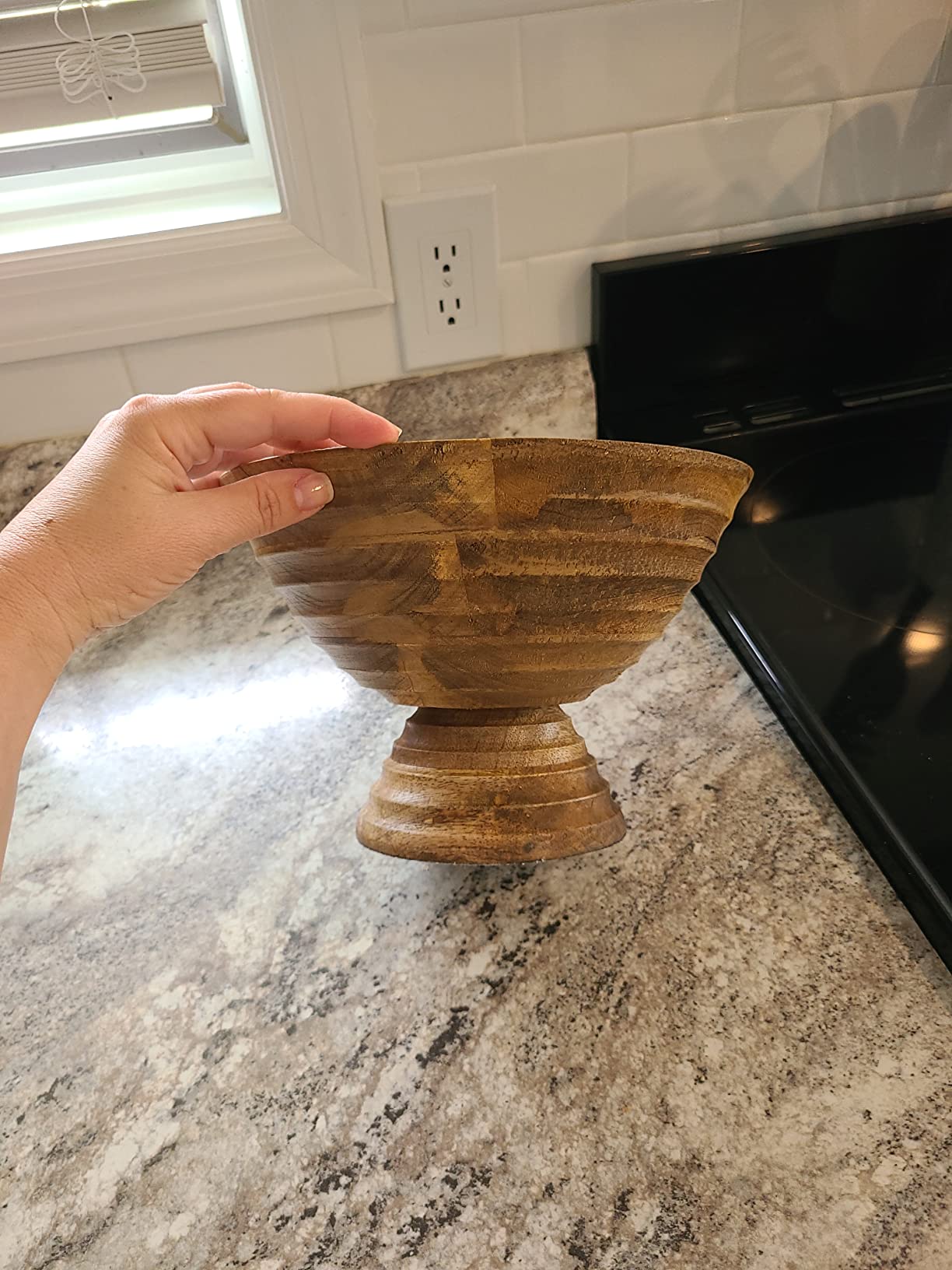 Creative Co-Op Boho Wood Pedestal Serving Bowl, White Wash Finish customer photo 1