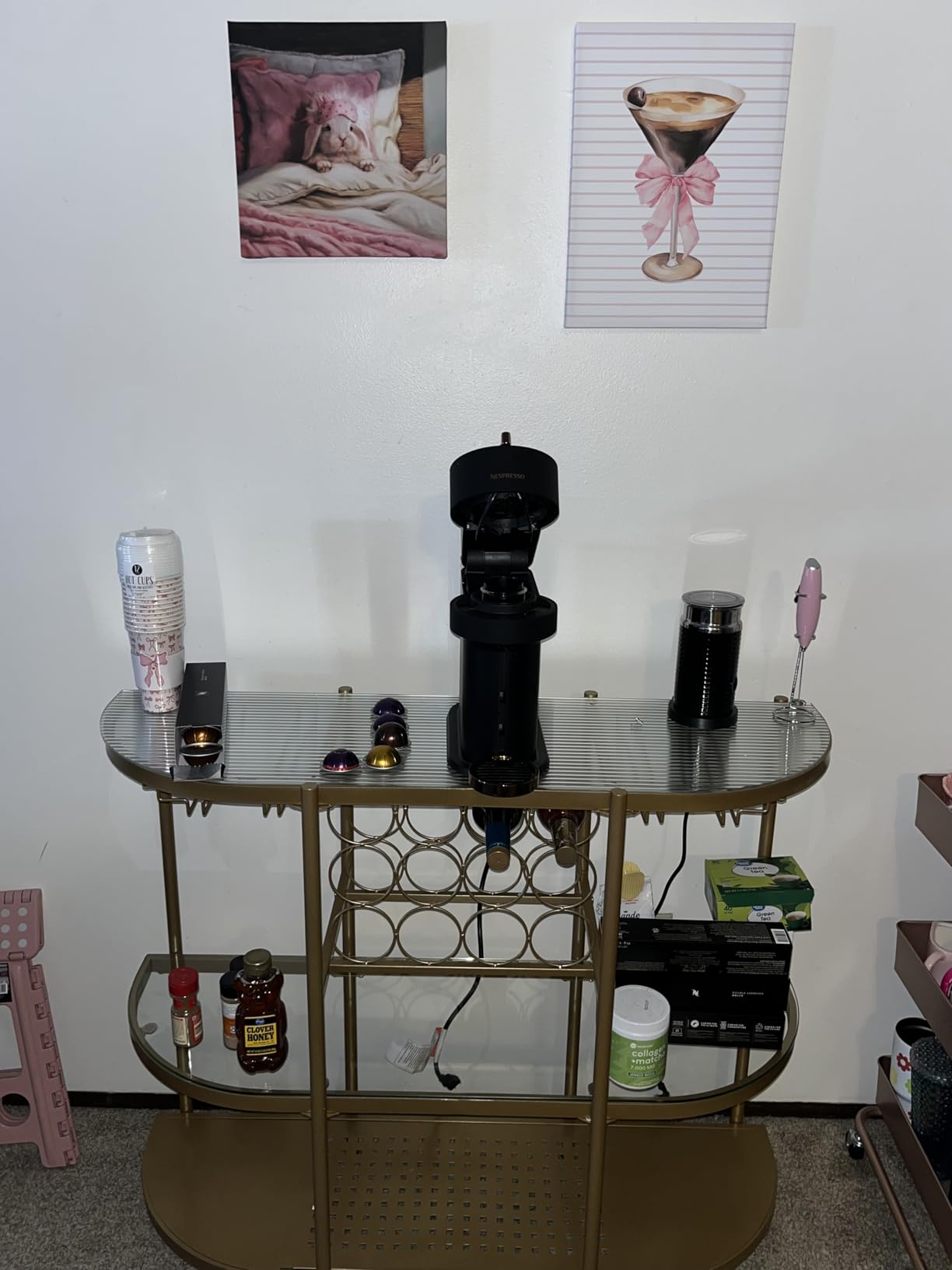 O&K FURNITURE Home Bar Table with Wine Racks, 3 Tier Wine Bar Table with Glass Holders, Wine Cabinet with Open Shelf, Liquor Bar Coffee Bar Table for Living Room Kitchen, Gold customer photo 1