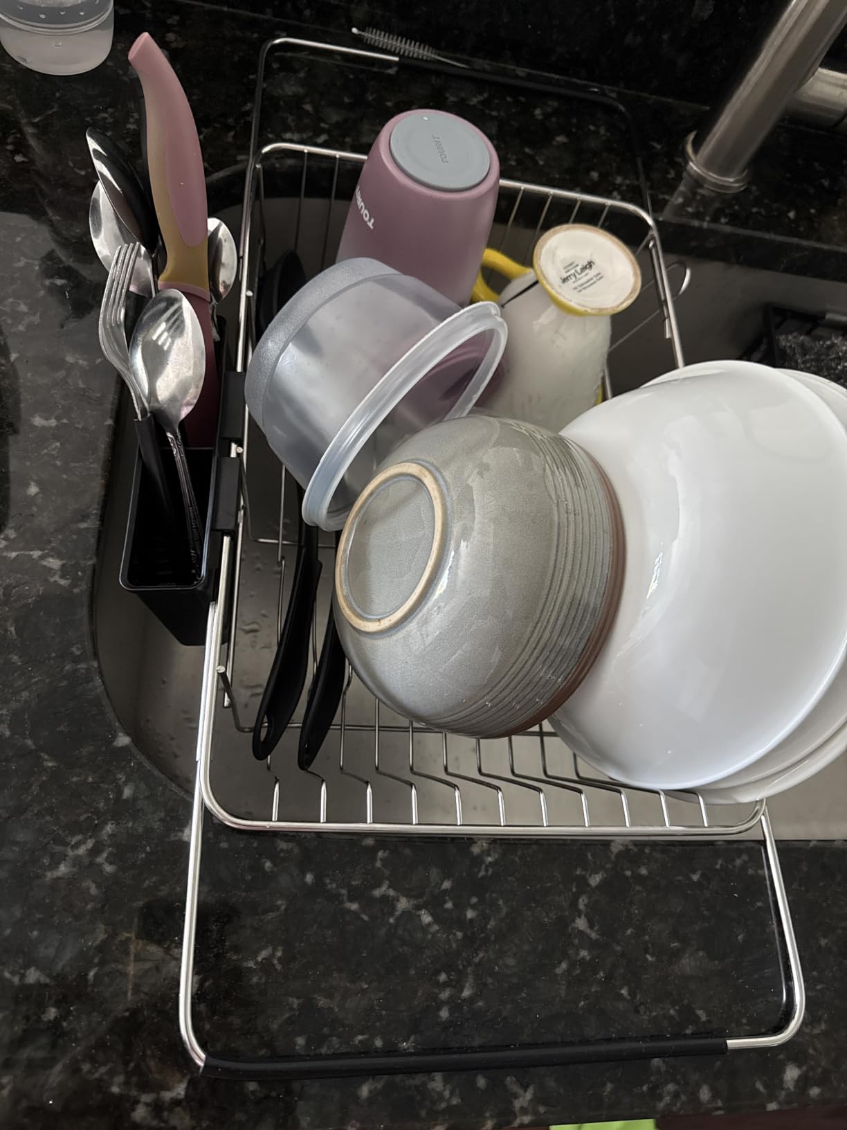 JASIWAY Dish Drying Rack in Sink, Dish Drainer with Cup and Utensil Holder | Over The Sink Expandable Stainless Steel Strainer Dryer Rack for Small Kitchen, Counter Space Saving, Fast Drain, Rustproof customer photo 1