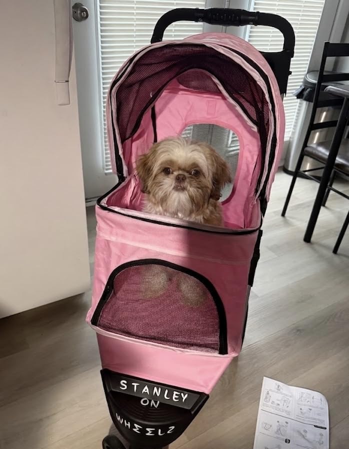 MoNiBloom Pet Stroller for Small/Medium Dogs and Cats up to 33 lbs, Black | Foldable Dog Stroller 3 Wheels Pet Strolling Cart w/ Storage Basket Cup Holder, Breathable and Visible Mesh for All-Season customer photo 2