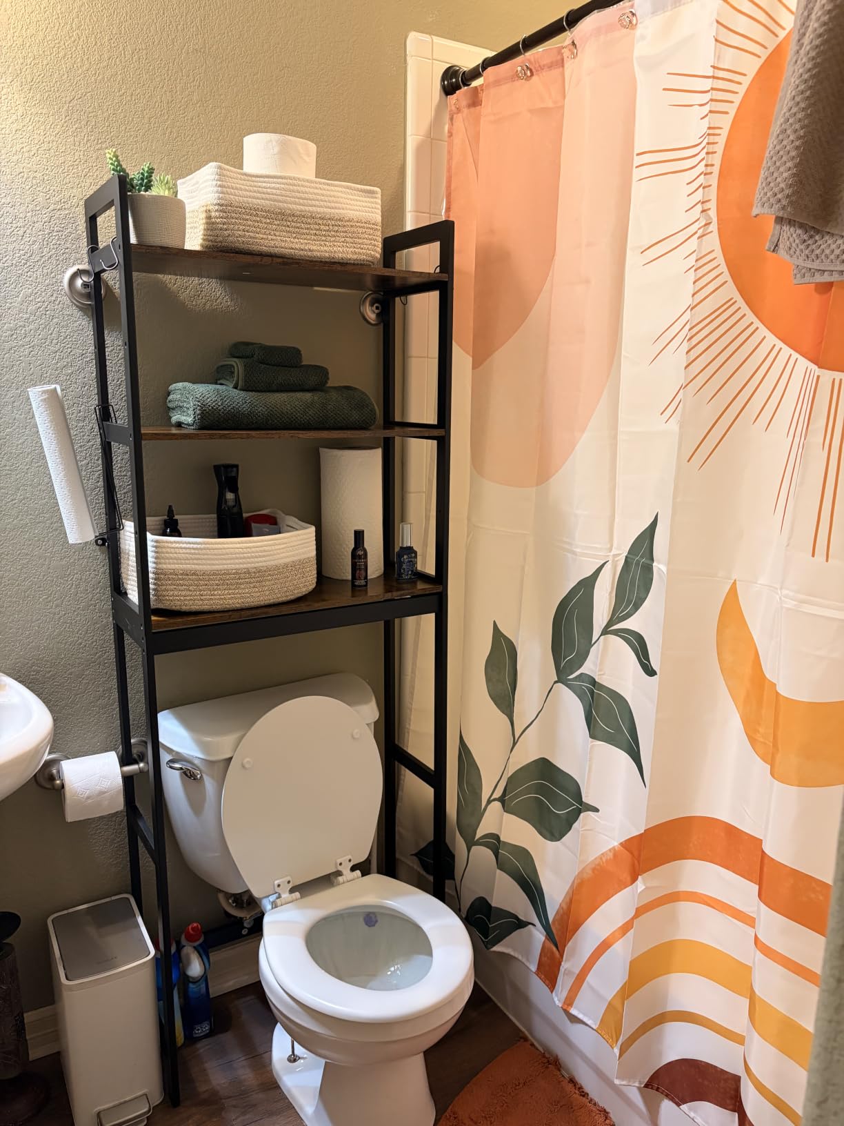 SONGMICS 3-Tier Bamboo Over The Toilet Storage, Adjustable Shelf, 66.9''H | Bathroom Organizer, Fit Most Toilets, Space-Saving, Forest Green, 10.2 x 24.8 x 66.9 Inches UBTS001C01 customer photo 1