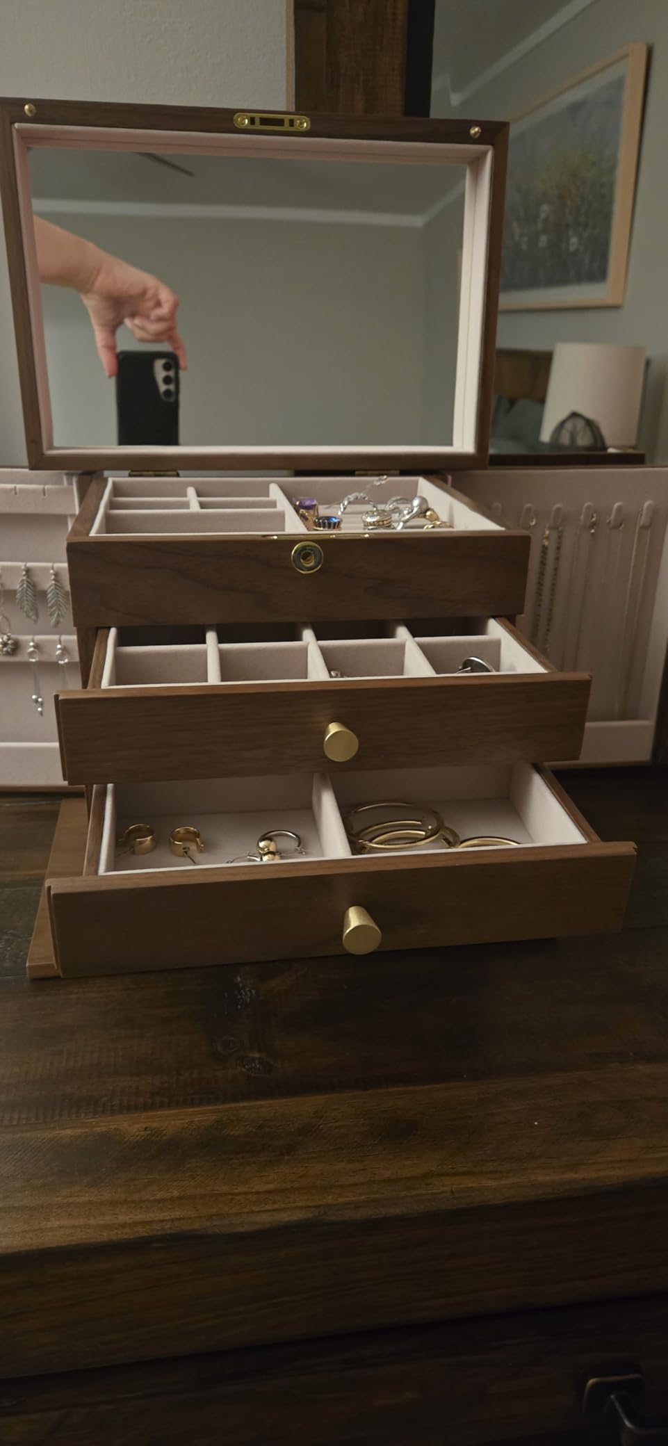 Homruilink Black Walnut Wooden Jewelry Box for Women, 5 Layer | Lockable Large Wood Jewelry Organizer with 2 Side Doors & Mirror, Classical Style, For Earrings Necklace Rings, Gift customer photo 1