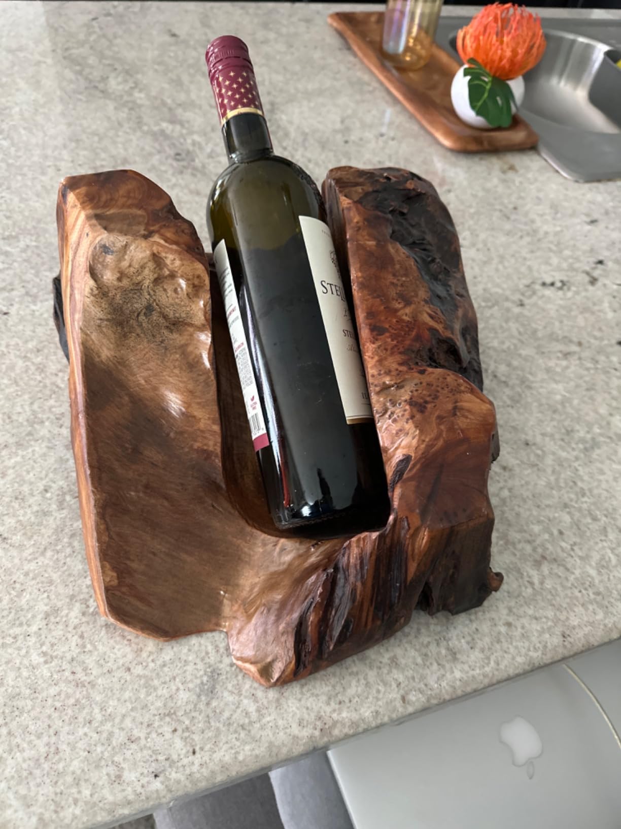 Natural Handcarved Root Wood Wine Bottle Holder Natural Edge Bottle Display Stand for Tabletop, Restaurants, Home Decor (1 Bottle) customer photo 1