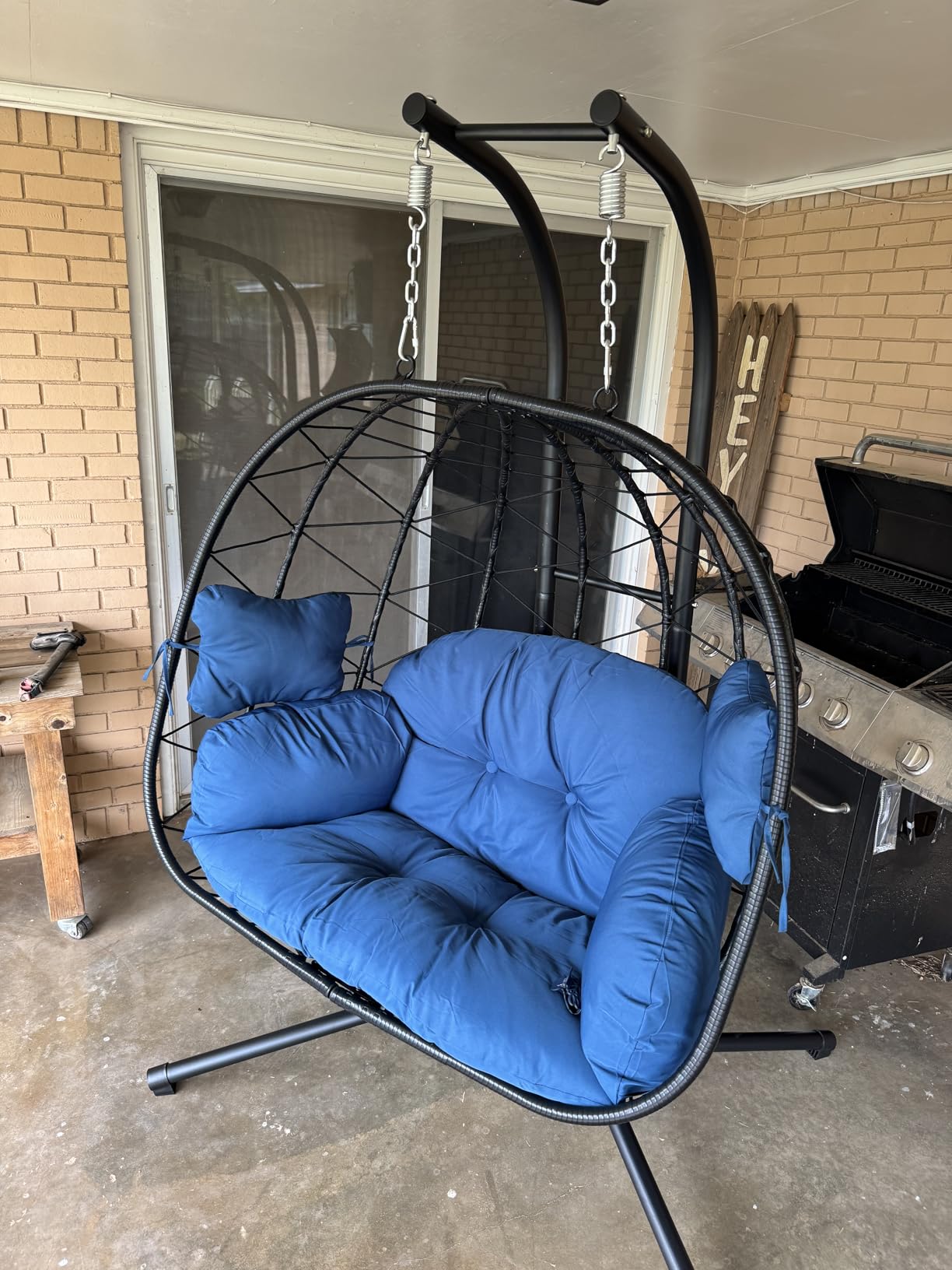 Double Egg Chair with Stand Hammock Swing Chair Foldable Hanging Loveseat, UV Resistant Removable Cushions, 700LBS Capacity for Bedroom, Balcony, Garden(BK-BE) customer photo 1