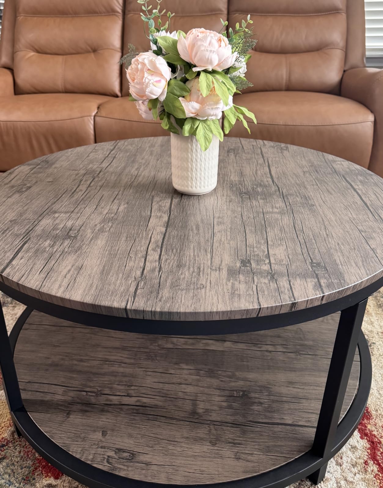 NSdirect 36 inches Round Coffee Table, Rustic Wooden Surface Top & Sturdy Metal Legs Industrial Sofa Table for Living Room Modern Design Home Furniture with Storage Open Shelf (Brown) customer photo 1