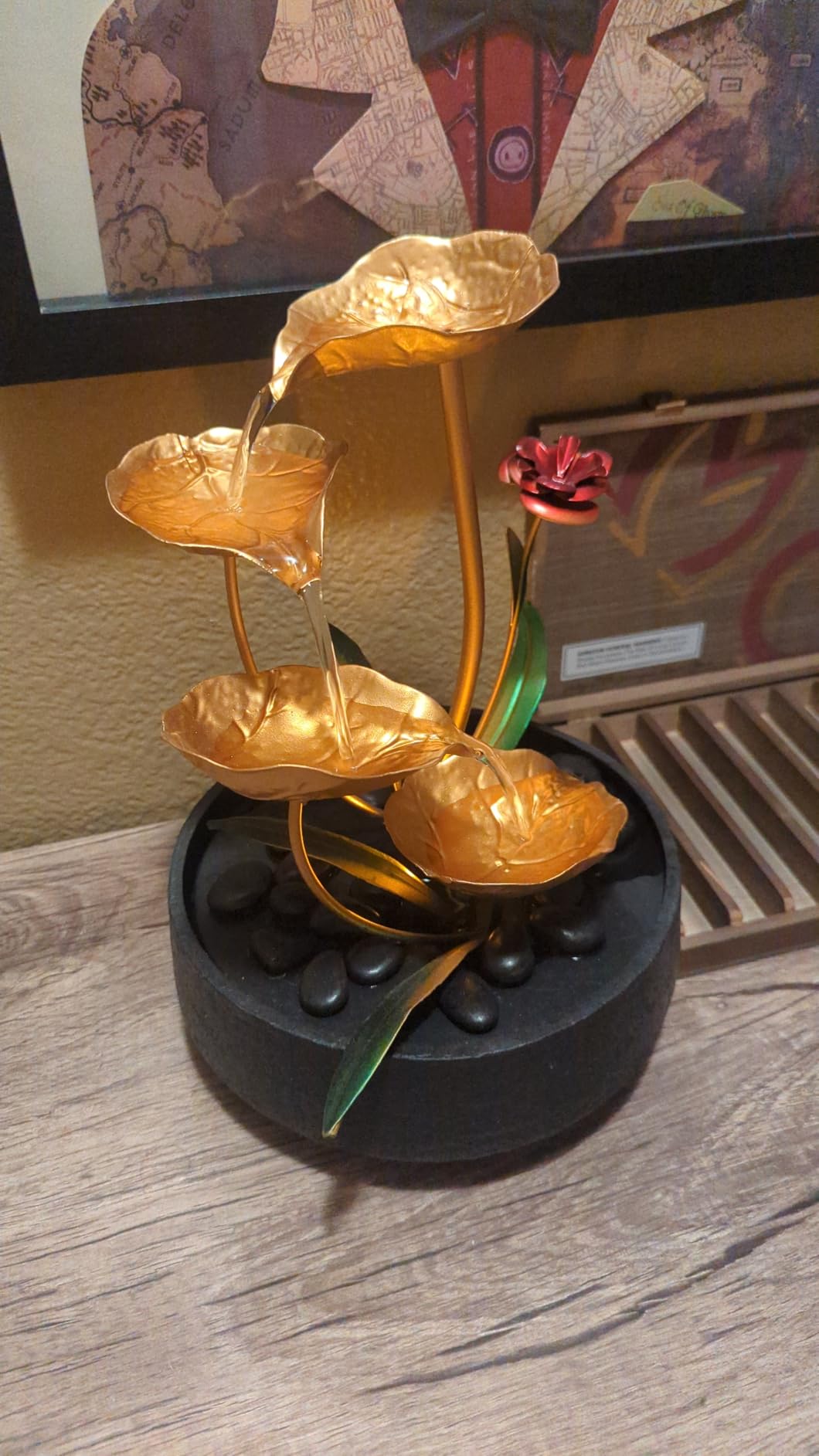Tabletop Fountain Metal Lotus Circulating Fountain Water Feature for Zen Home Decor Warm Yellow Scene Light(23034) customer photo 2