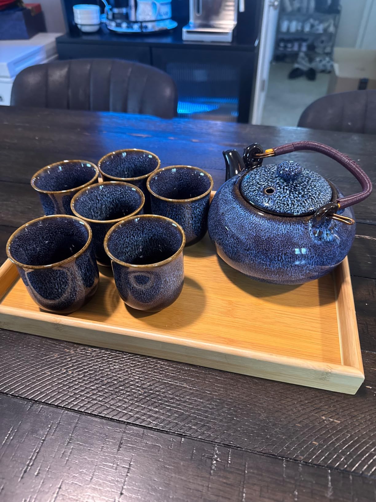 Layhit Japanese Asian Tea Set for Adults with 1 Teapot 6 Cups 1 Tray, 22 oz Traditional Portable Japanese Kiln Altered Glaze Porcelain Tea Set (Blue) customer photo 1