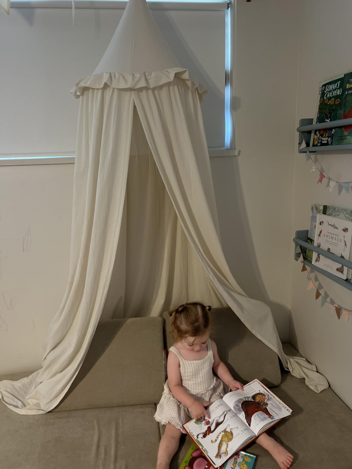 Wonder Space Kids Bed Canopy with Ruffles, Pastel Neutral Color for Boys & Girls, Frilled Cotton Tent Nursery Hanging Curtain Children Reading Nook Decoration (Ivory) customer photo 1