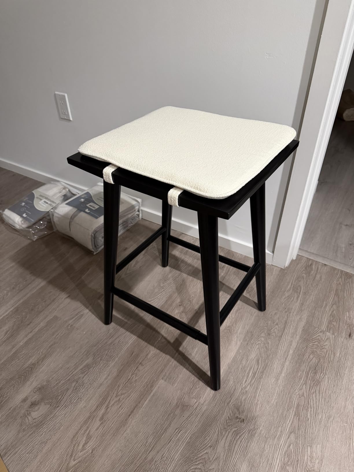 Nathan James Barker Counter Height Solid Wood Barstool with Upholstered Cushion, Backless Island Stool with Rubberwood Legs and Natural Textured Linen Upholstery for Kitchen, Brown/White customer photo 2