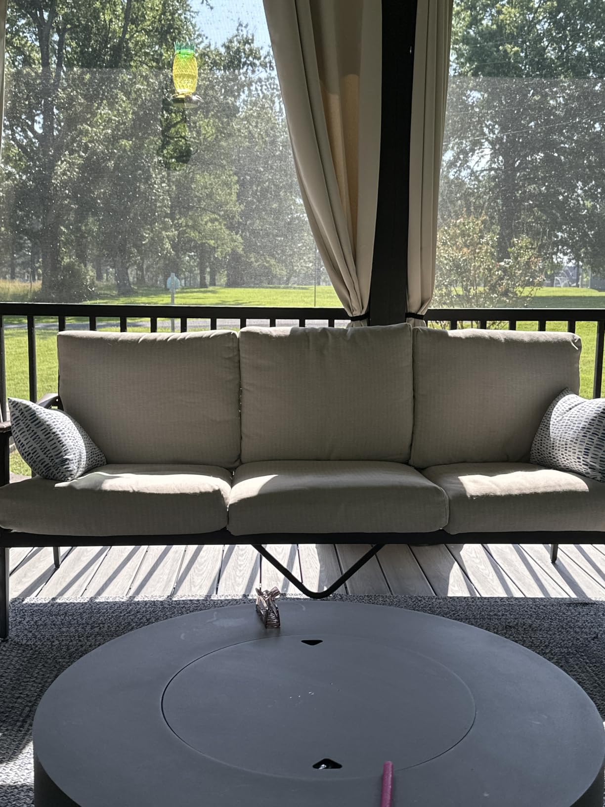 3-Seat Patio Couch Sofa, Wicker Back, Woodgrain Arm | Metal Outdoor Sofa with Adjustable Feet, Natural Wood-grain Texture, 6