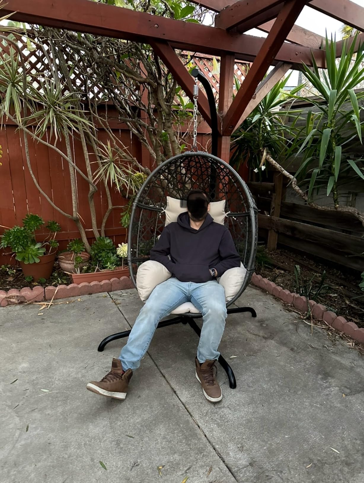 NICESOUL Swing Egg Chair with Stand, Bird Cage Patio Hanging Chair with Cushion, Large Swinging Chairs Indoor Outdoor, All-Weather 350lbs Eggshell Basket Seat for Porch, Backyard, Dark Grey customer photo 2