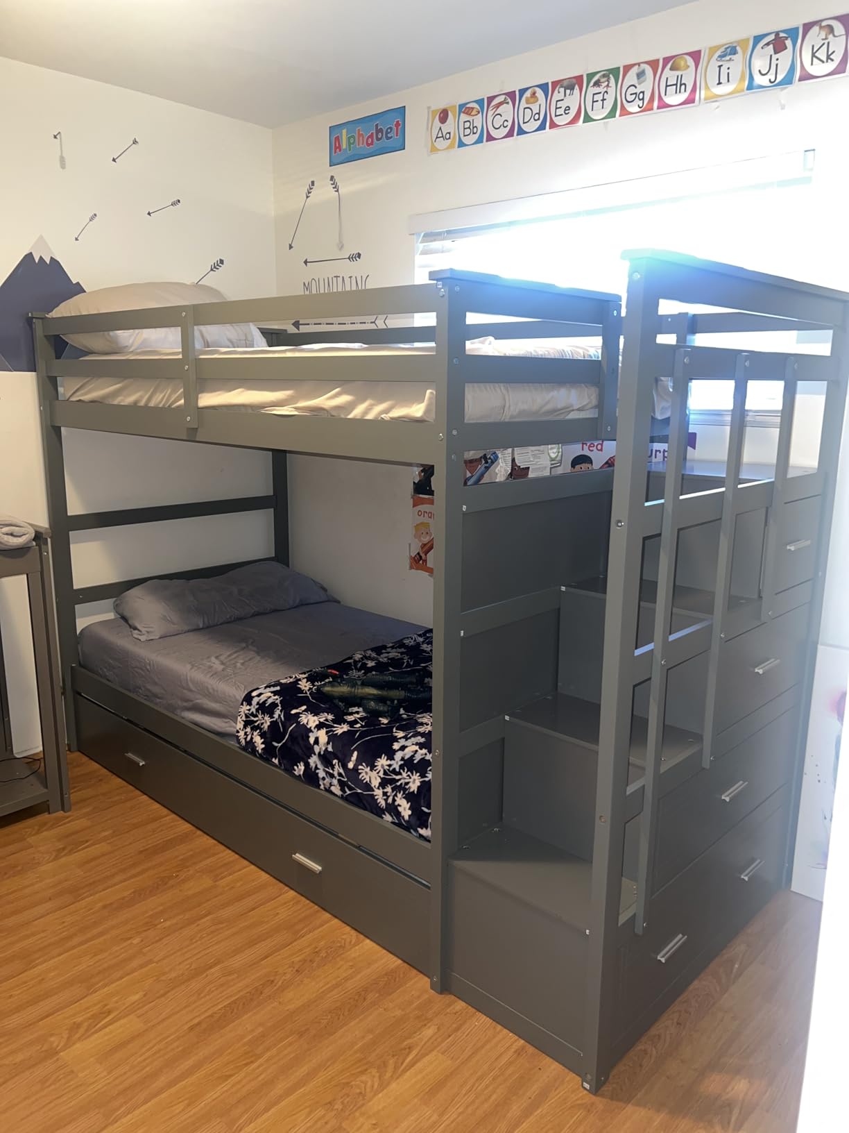 P PURLOVE Twin Over Twin Bunk Bed with Stairs and Trundle, Solid Wood Bunk Beds with Stairway Storage for Kids, White customer photo 1