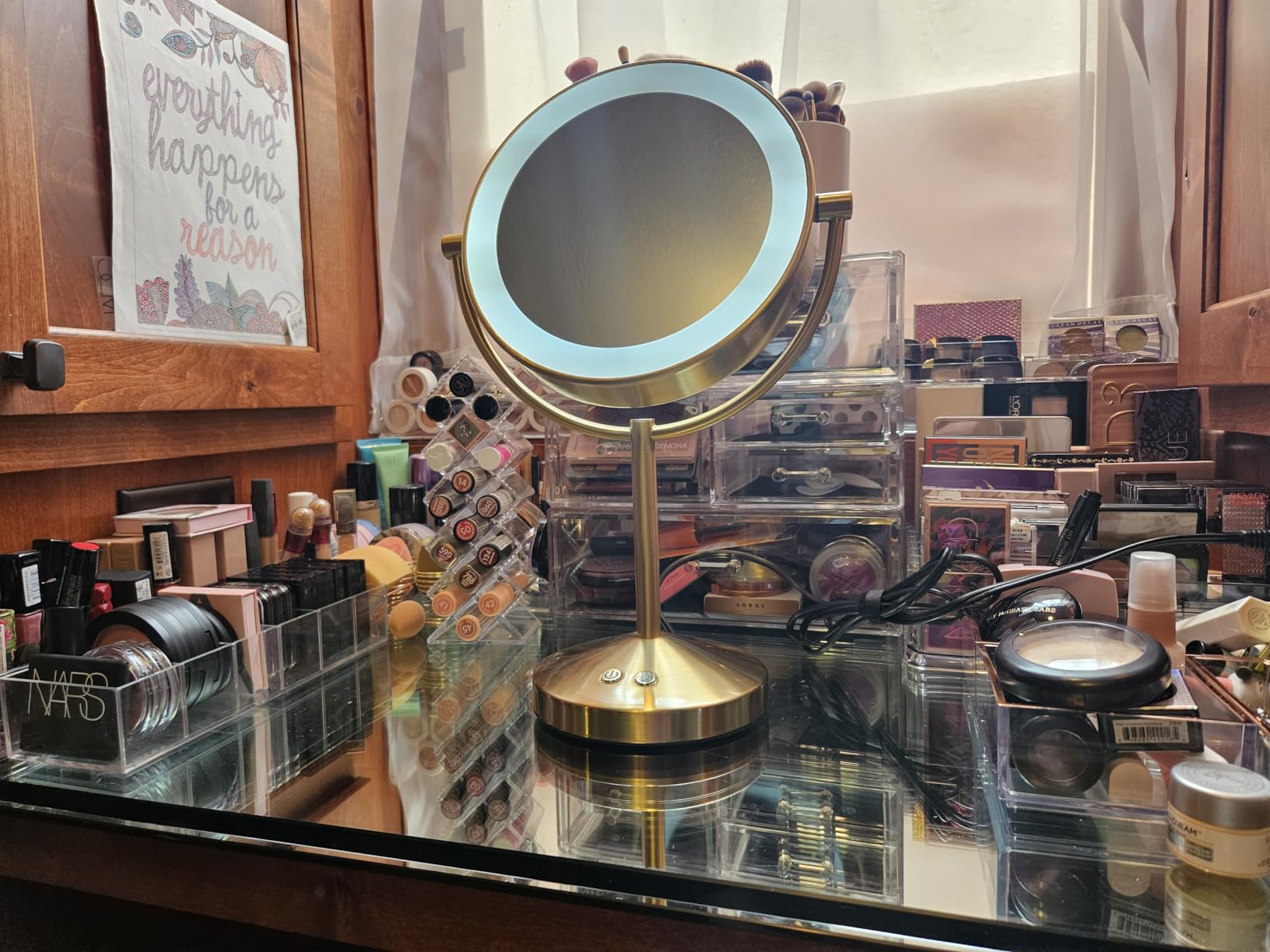 Conair LED Vanity Mirror, Double-Sided, 10x Magnification, Satin Nickel | Lighted makeup mirror with 3 color modes, 360° rotation, a satin nickel finish, a 5-foot power cord, and an 8.5