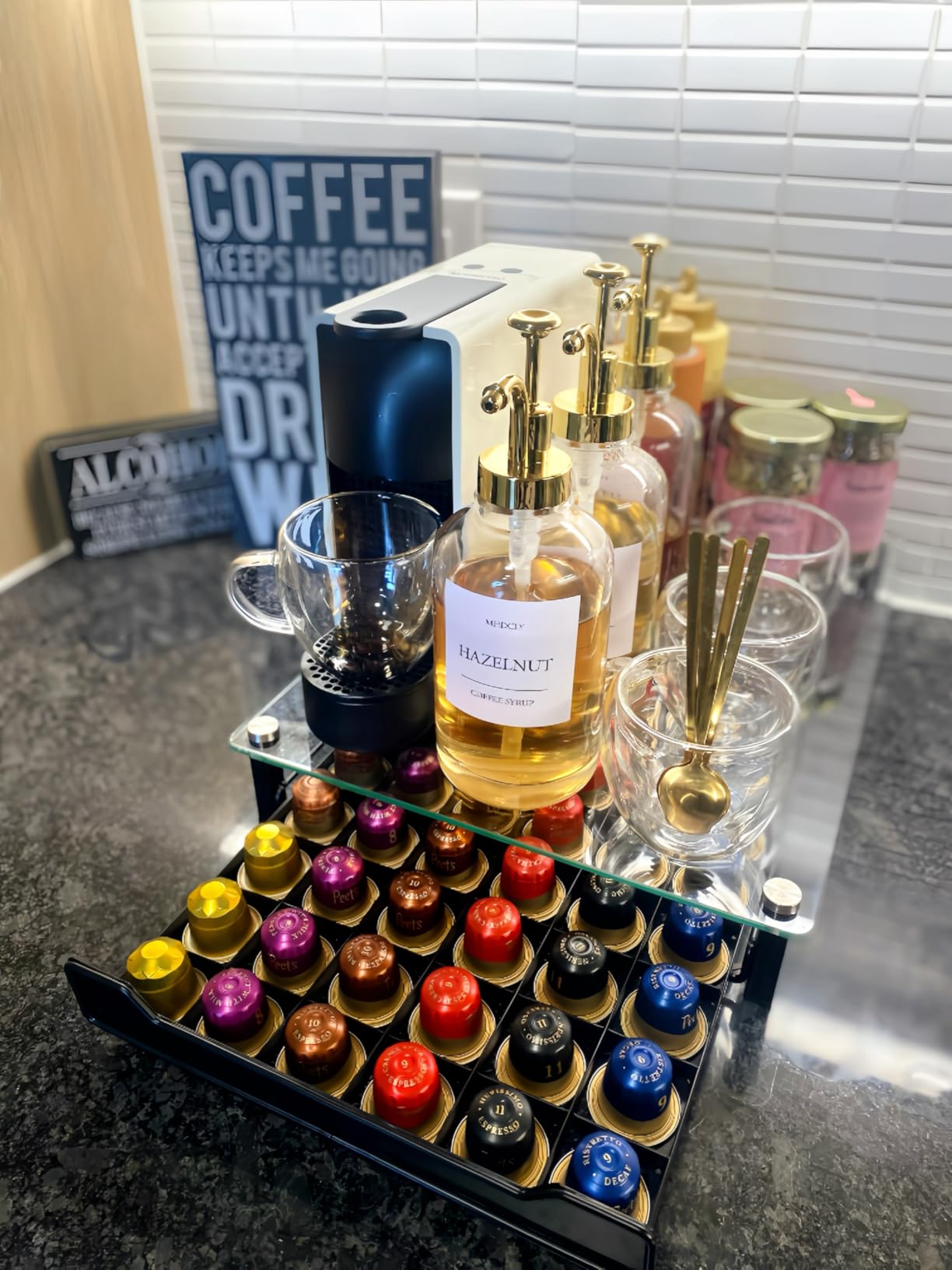 Coffee Bar Accessories,Coffee Syrup Dispenser with Labels for Coffee Bar,Pack of 4,Total 67.6 oz (Gold Pump) customer photo 1