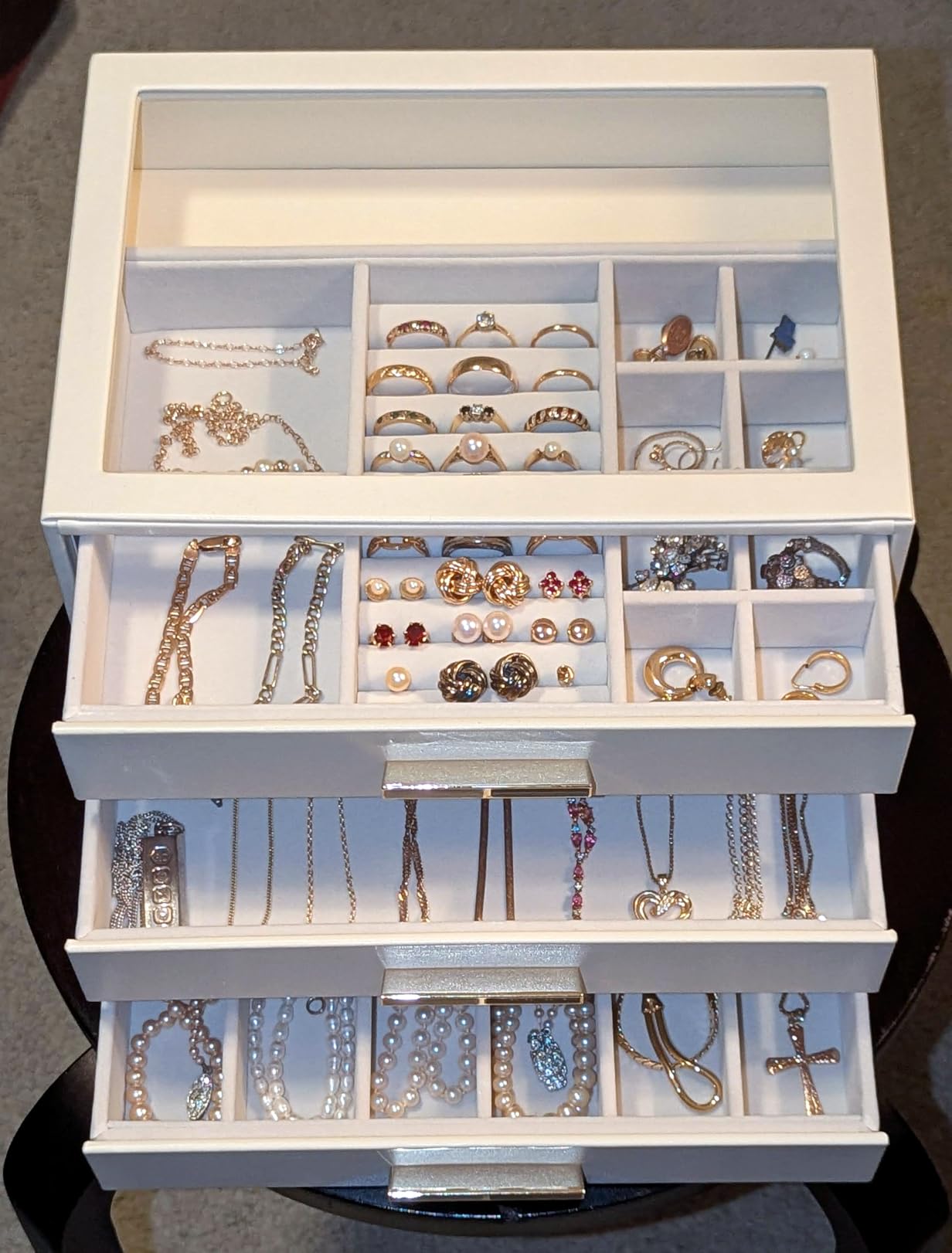 VLANDO Jewelry Box Organizer, 3-Layer Storage Drawers, Glass Window, Modern | Stylish Color-Blocked Design Metal Handle, Jewelry Storage Organizer for Rings, Earrings, Bracelets, Gift for Women Girls customer photo 1