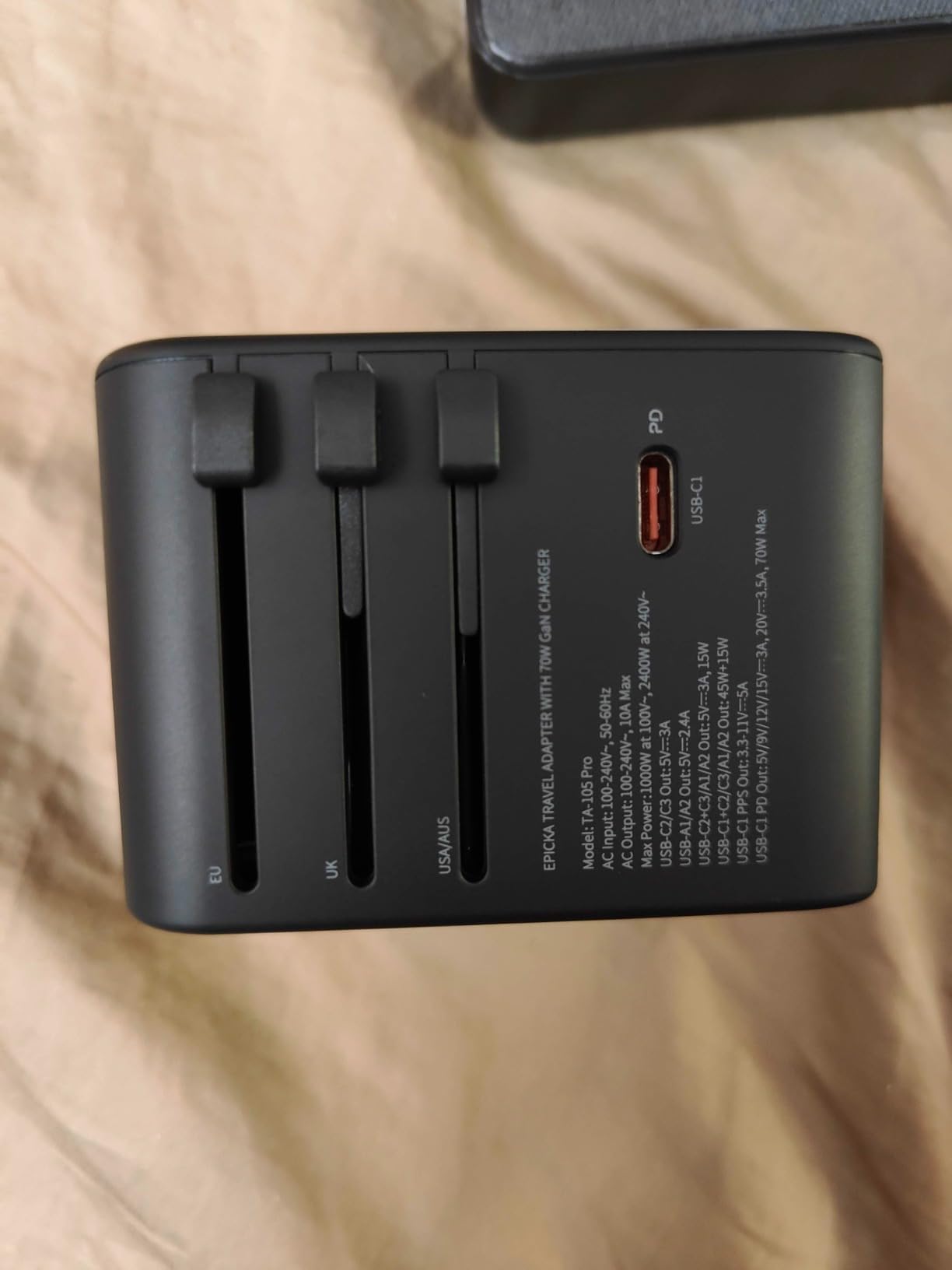 Epicka 70W GaN PD Universal Travel Adapter, 3USB-C/2USB-A | International Power Adapter for EU/US/UK/AU, PD Fast Charging for Multi-Device Travel, TA-105 Pro, Black customer photo 2