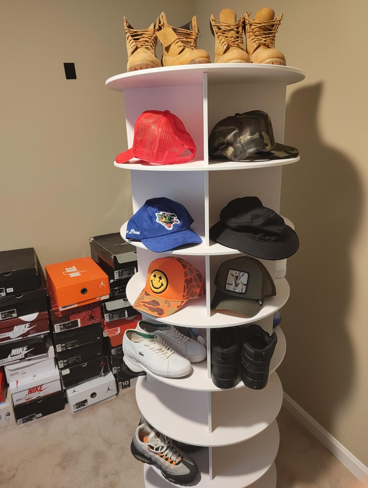 SpaceAid 7 Tier Rotating Shoe Rack Tower, Spinning Shoe Display Lazy Susan, Revolving 360 Shoe Rack Storage Round Carousel, Vertical Handbag Rotate Shoes Closet Organization (7-Tier White) customer photo 1