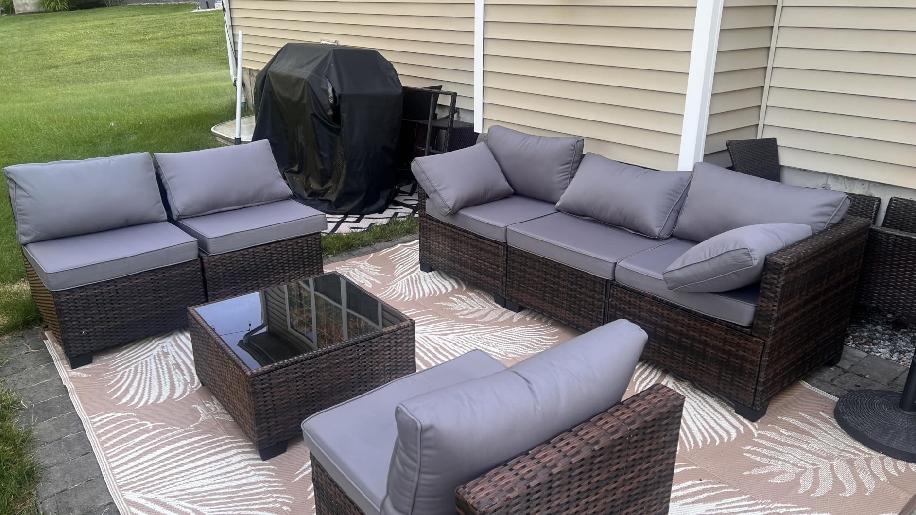 Qsun 7 Pieces Outdoor Patio Furniture Set, PE Rattan Outdoor Wicker Sectional Furniture Sofa Set, with Cushions and Glass Coffee Table, for Balcony, Porch, Garden, Grey customer photo 1
