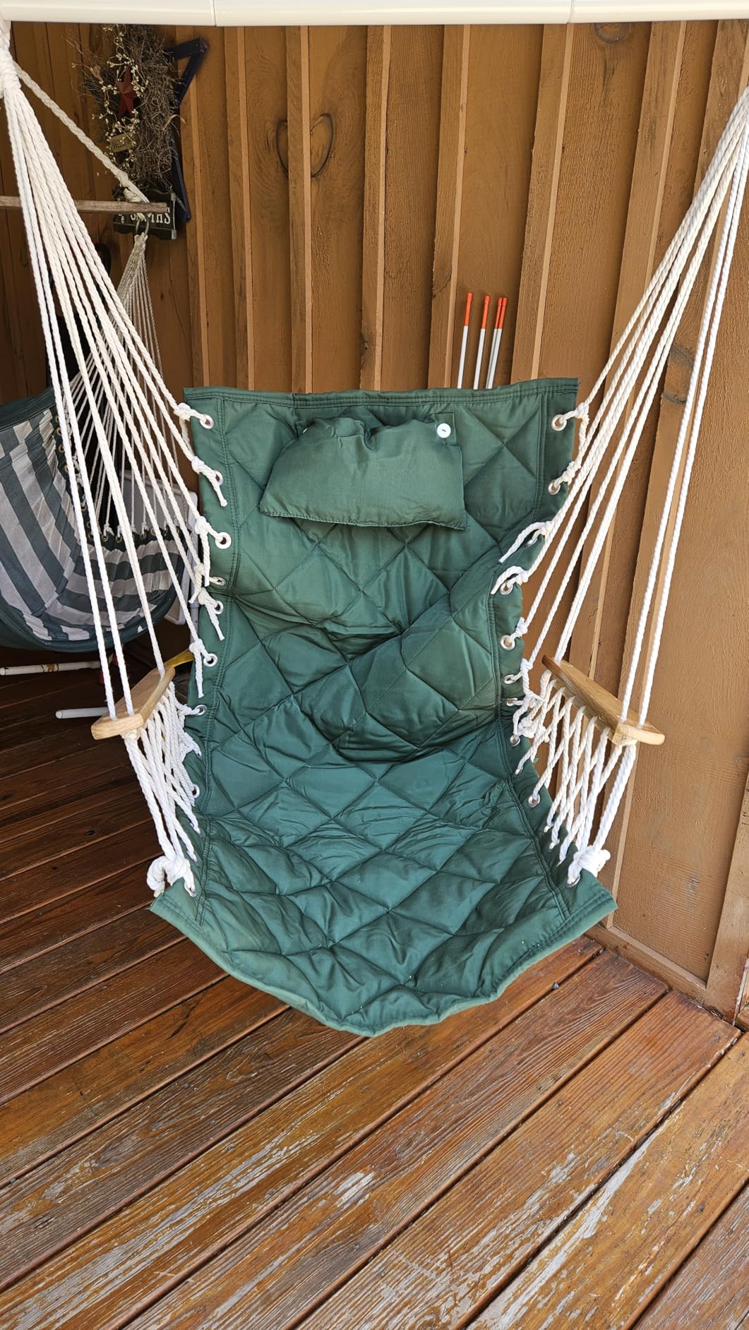 Hammock Chair Hanging Swing with Wooden Armrest; Steel Spreader Bar, Pillows, Hardware kit Included; Cotton Woven Fabric; Up to 350 Lbs, for Indoor or Outdoor customer photo 1