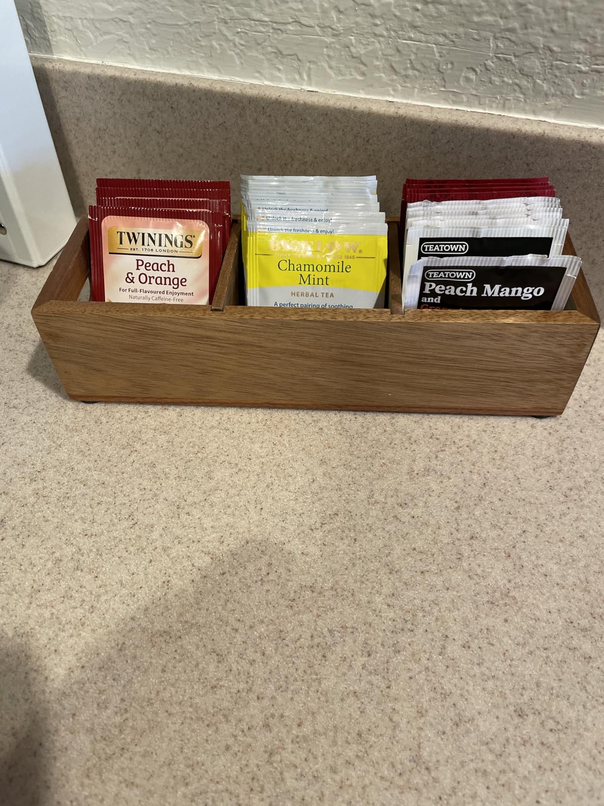 DRASTAR Tea Bag Organizer, Acacia Tea Bag Holder, Tea Storage Containers with 3 Slots, Wooden Tea Storage Accessories, Mini Tea Bag Caddy Box for Countertop customer photo 1