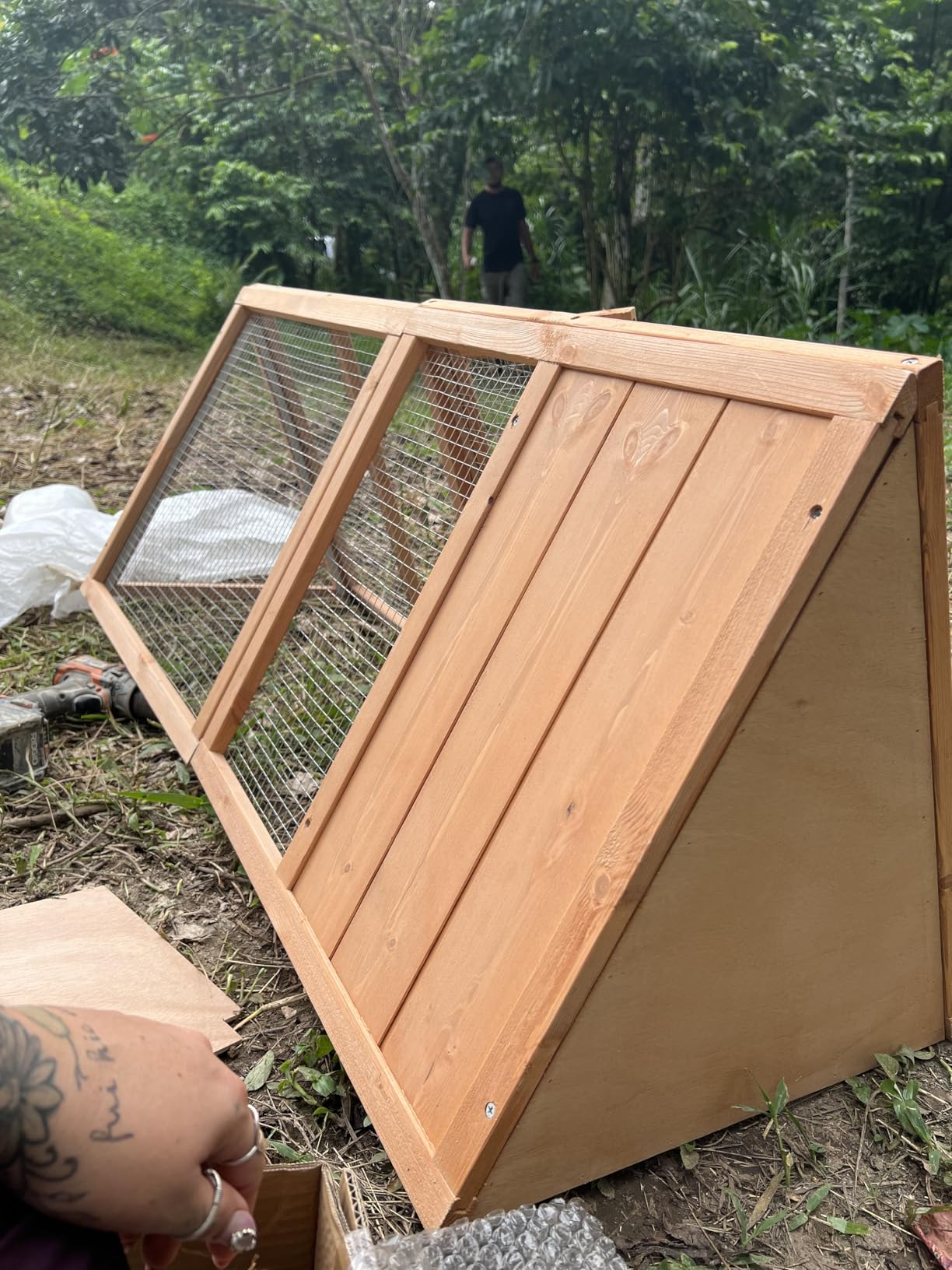 Rabbit Hutch, Small A-Frame Chicken Coop Outdoor w/ 2 Door & Run Cage(Wood) | Wooden Triangle Quail Hutch w/ Ventilating Wire Poultry Hutch for Small Animal Quail Cage Backyard customer photo 1