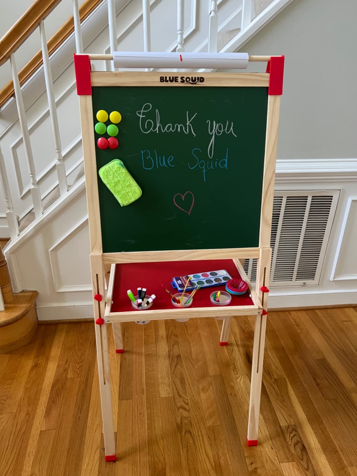 Blue Squid Art Easel for Kids with Paper Roll x 3, Includes 100+ Accessories, Double Sided Adjustable Wooden Painting Easel with Magnetic Chalk Board, White Board for Toddlers Ages 3-12 customer photo 2