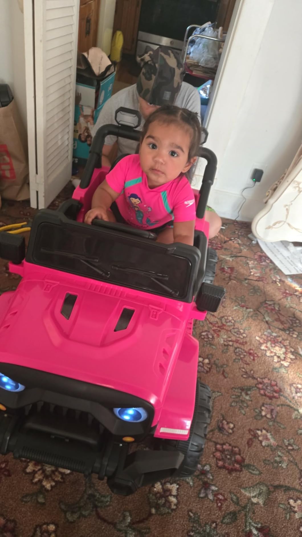 12V Kids Electric Ride on Truck Car Remote Control, Twin 35W Motors 3.5MPH Max Speed, Bluetooth Music Player, 4 Wheels Suspension LED Lights Safety Belt, Gift for Boys & Girls-Black customer photo 1