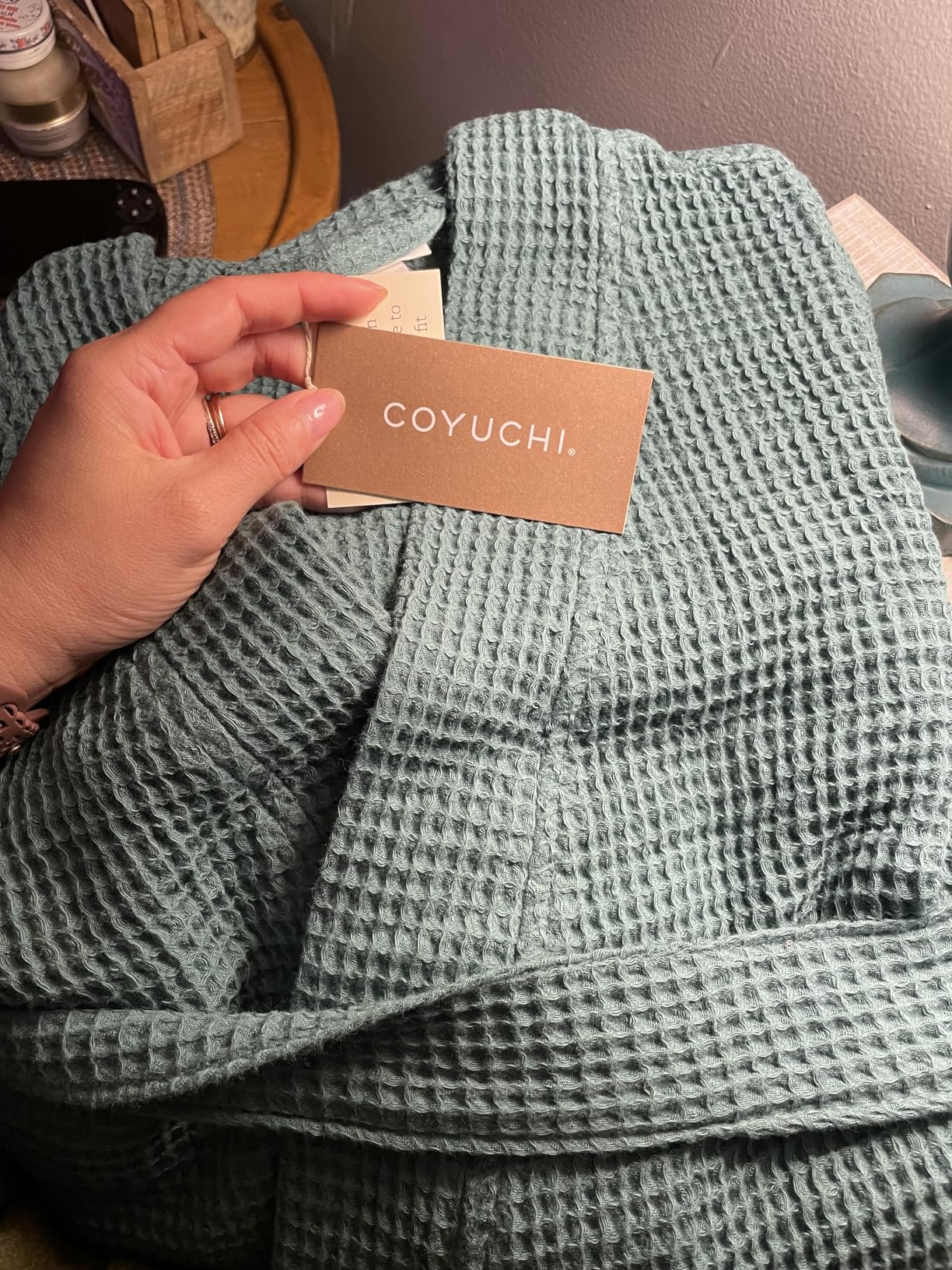 Coyuchi Unisex Organic Waffle Robe, 100% Organic Turkish Cotton Spa Robe | Lightweight, Absorbent Waffle Weave, M-L, Spruce customer photo 1