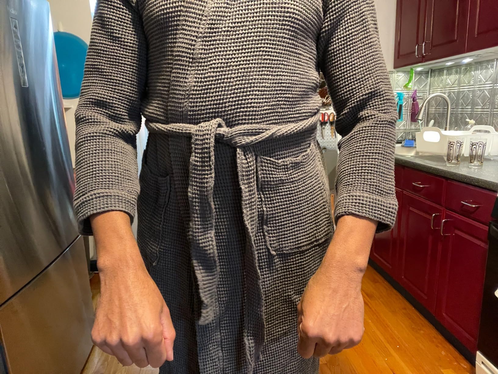 Coyuchi Unisex Organic Waffle Robe, 100% Organic Turkish Cotton Spa Robe | Lightweight, Absorbent Waffle Weave, M-L, Spruce customer photo 2
