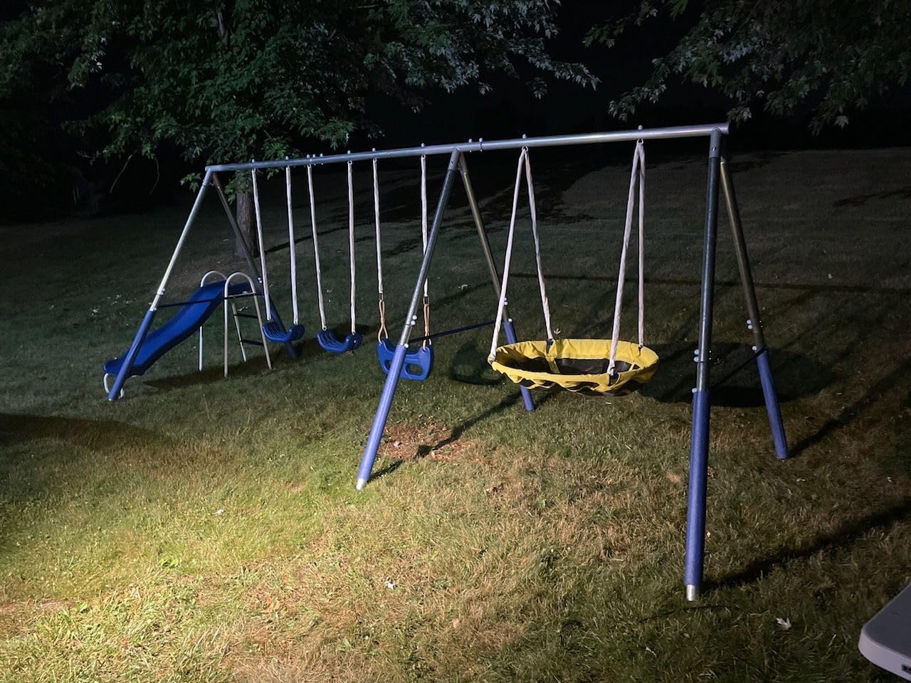Sportspower 800lbs 'Swing & Play' Metal Swing Set for Backyard & Outdoors, 2 Swings & Standing Swing, 2-Person Glider, 2-Person Saucer, 5ft Slide, Bonus Anchors, 6-YR WRTY, 6.1' Tall customer photo 2