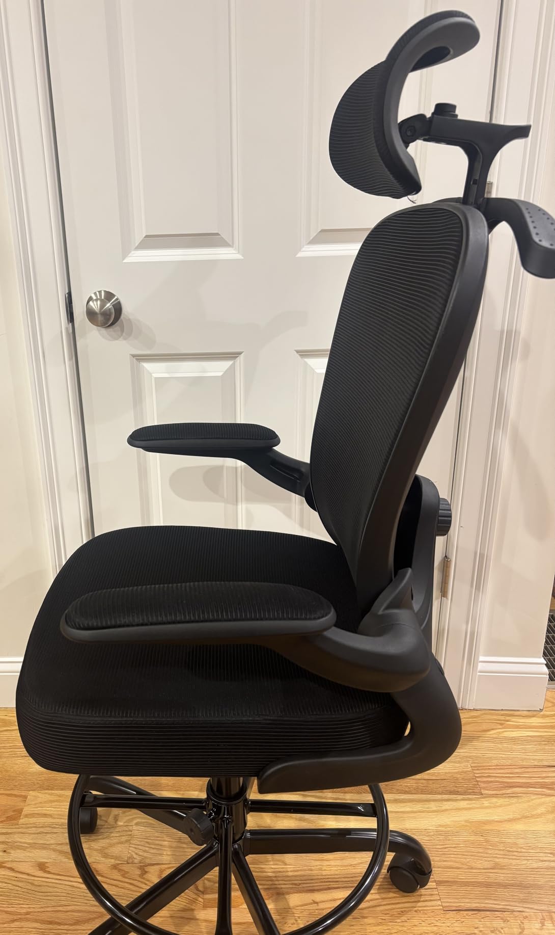 AtHope Drafting Chair, Tall Office Chair with 3D Lumbar & Head Support | Ergonomic Mesh Standing Desk Chair with Footrest Ring, Comfy Extended High Desk Chair with Flip-Up Arms & Hanger, Black customer photo 1