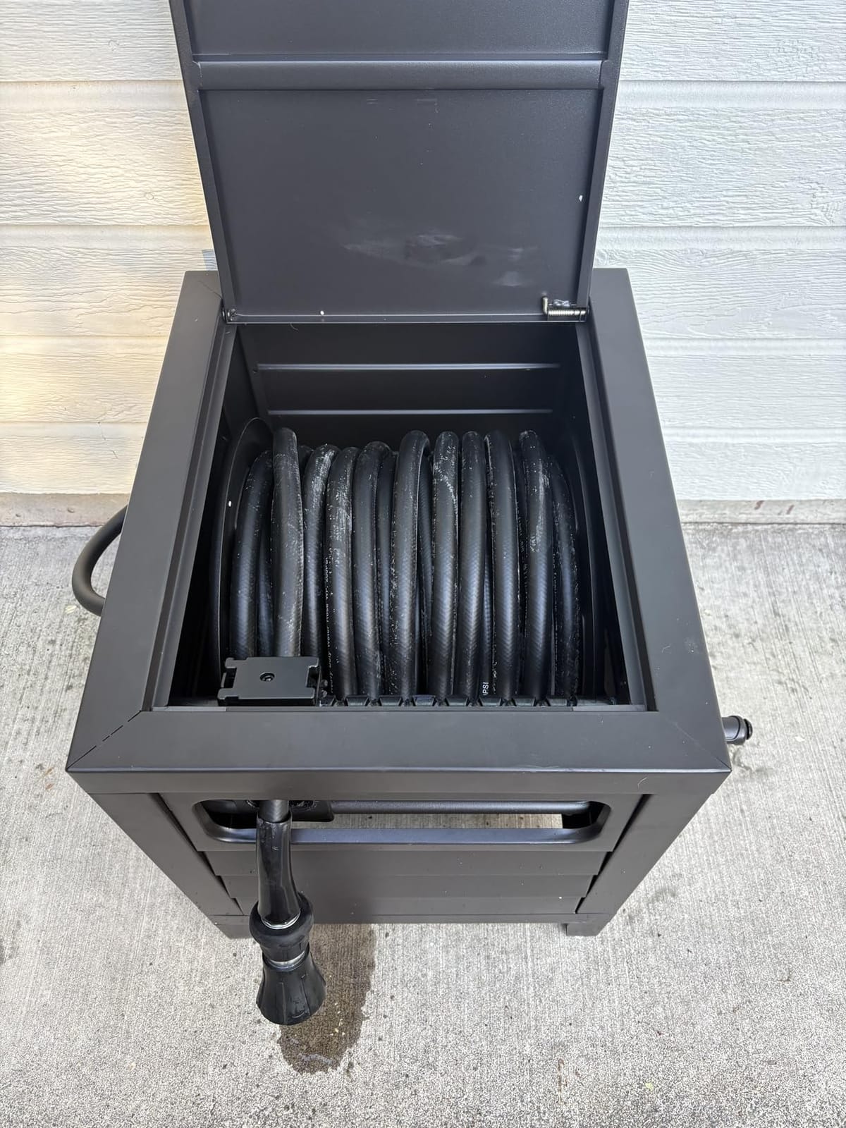 AQUAZILLA Metal Garden Hose Reel Deck box, Durable Steel Garden Hose Storage Box Cabinet, 150ft 5/8