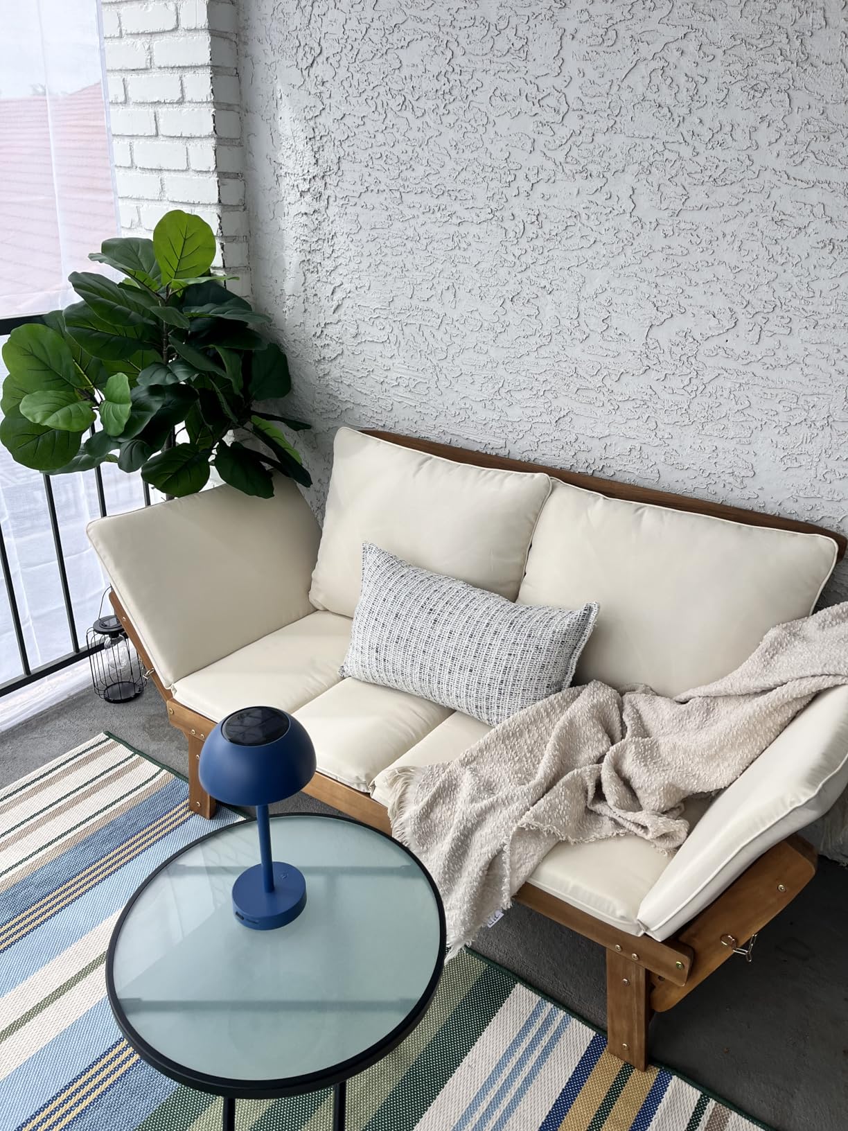 Devoko Outdoor Couch Acacia Wood Outdoor Sofa Balcony Furniture (Grey) | Adjustable Armrests Outdoor Loveseat, Convertible Patio Couch with Removable Cushions & Pillows for Patio, Porch, Poolside customer photo 1