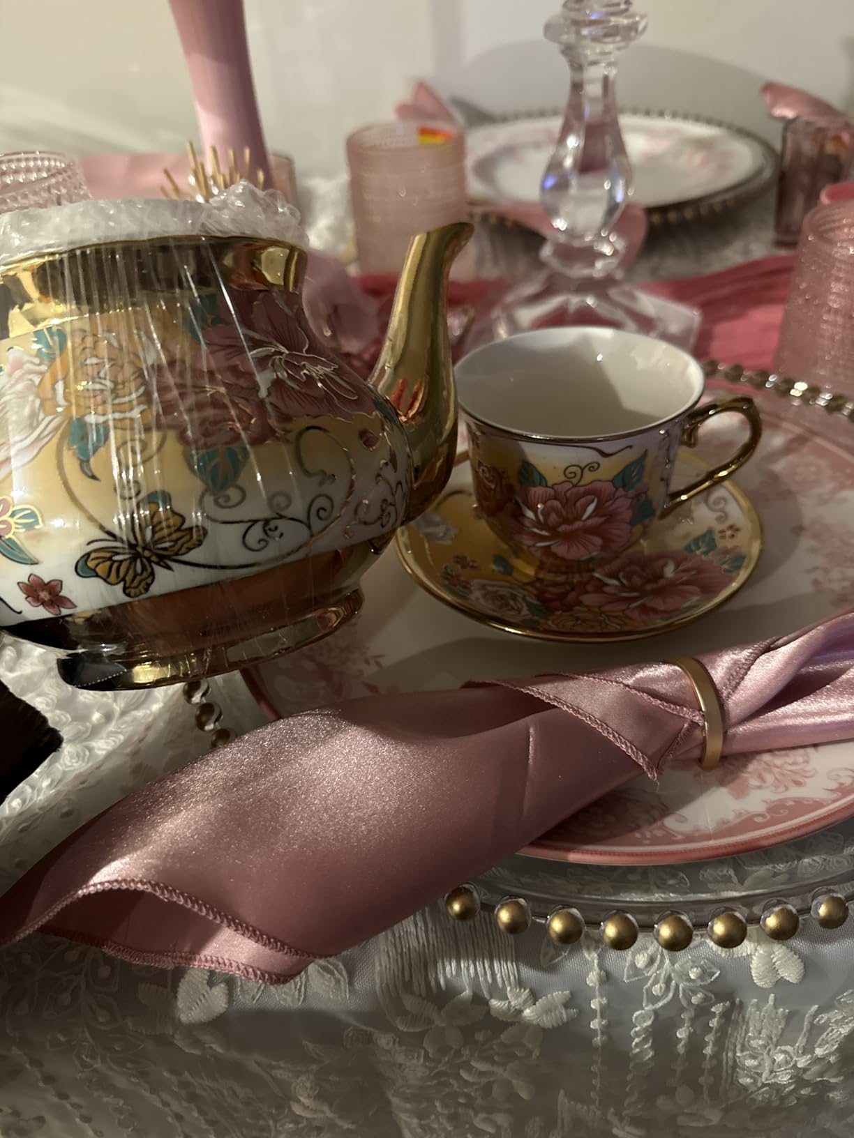 20 Pieces Porcelain Tea Set With Metal Holder, European Ceramic Tea Set for Adults, Flower Tea Set, Tea Set For Women With Flower Painting (VIVID YELLOW, Large Vision) customer photo 1