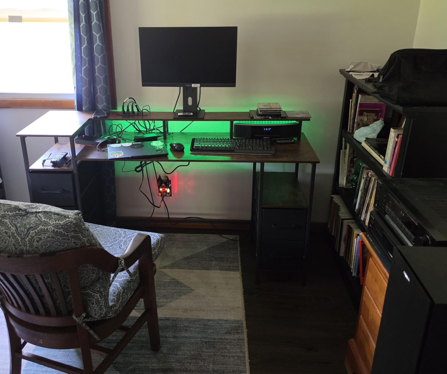 Korfile 47 Inch Gaming Desk with Power Outlets and LED Lights, Reversible Computer Desk with 5 Fabric Storage Drawers, Home Office Desk with Monitor Stand for Working Writing Study, Black customer photo 2