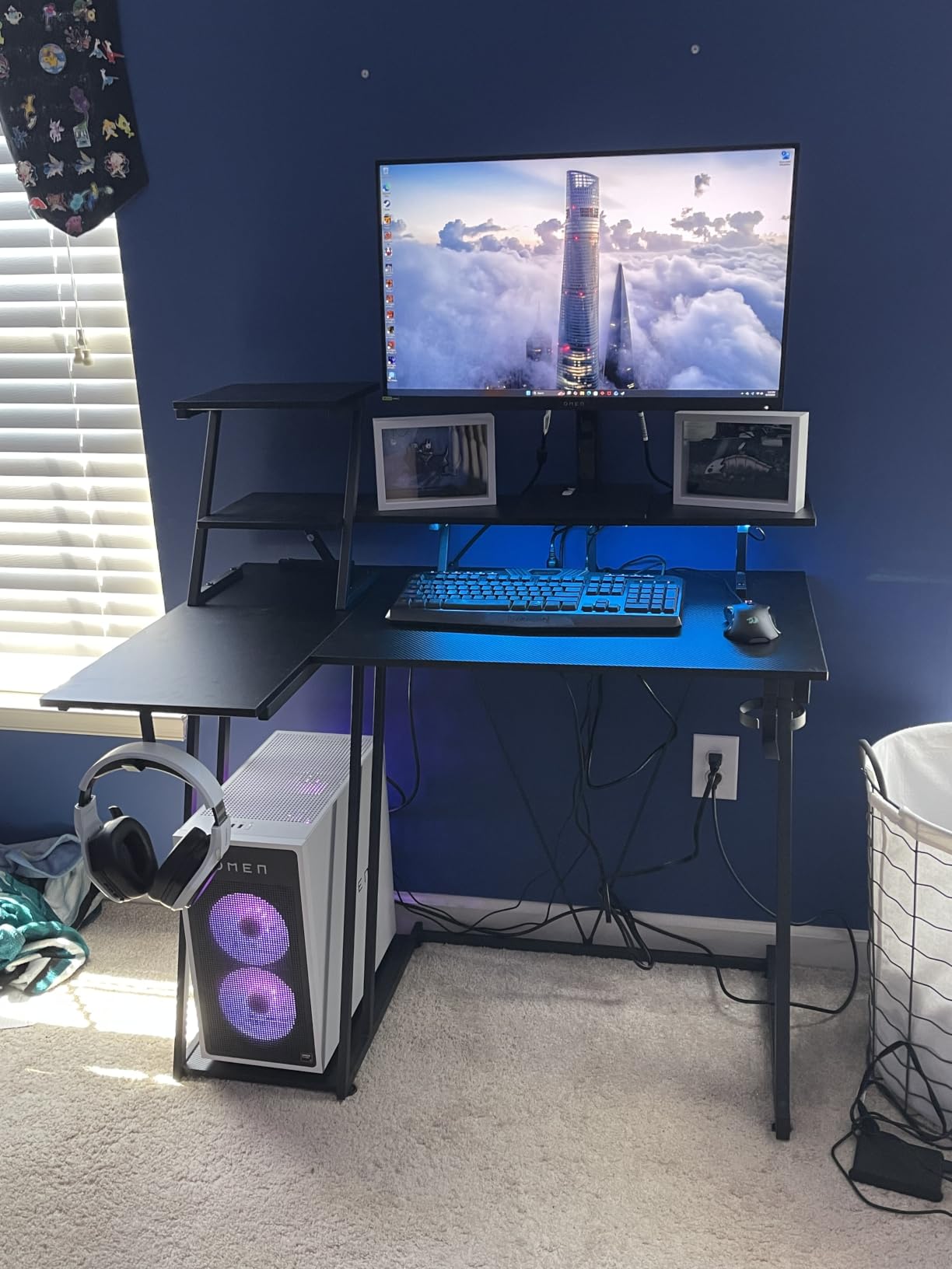 Korfile 40 Inch Gaming Desk with LED Lights & Power Outlet, L Shaped Computer Gaming Table with Storage Shelves customer photo 2