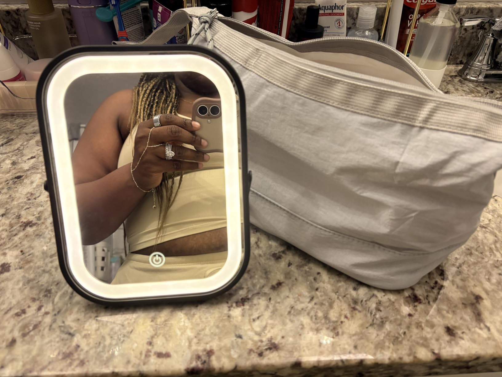 YEKKOPT Travel Makeup Mirror with Lights, Portable Small Beauty LED Vanity Mirror with Lights, 1200mAh Battery, Dimmable Touch Screen, Tabletop Folding Compact Mirror customer photo 1