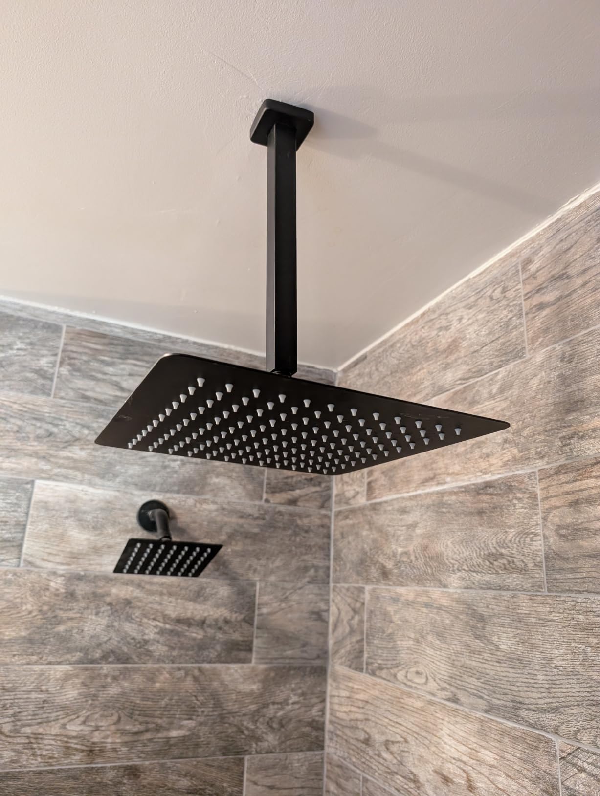 12-Inch Ceiling Mount Rainfall Shower System with Push Button Diverter, Matte Black customer photo 1