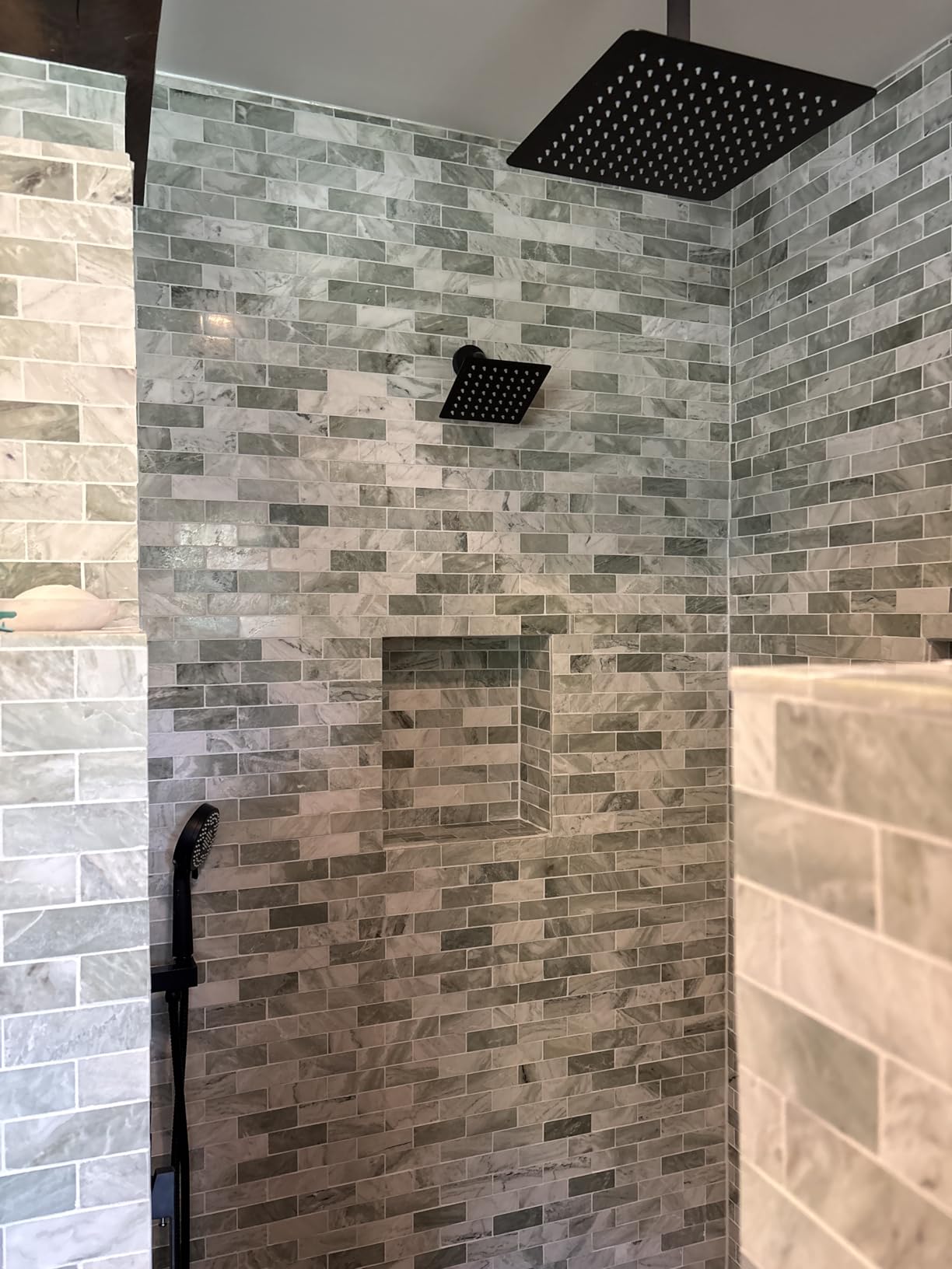 12-Inch Ceiling Mount Rainfall Shower System with Push Button Diverter, Matte Black customer photo 2