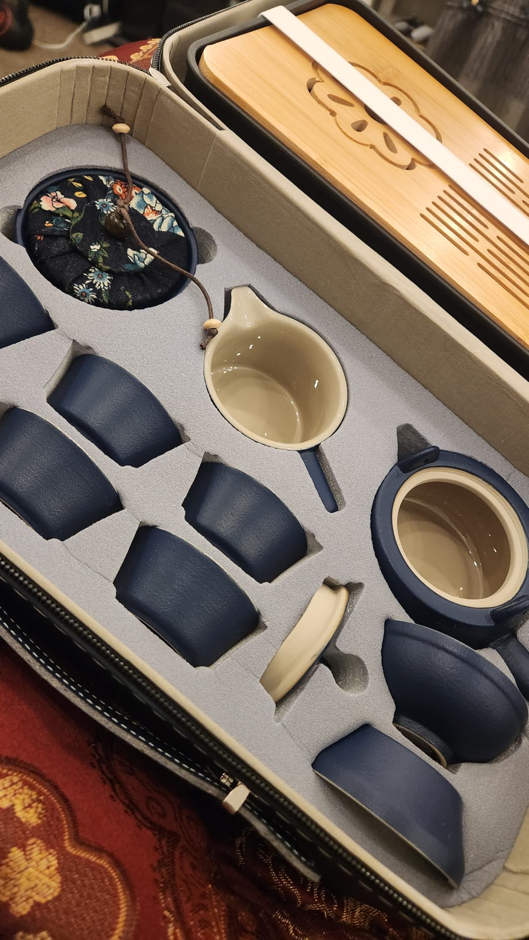 14-Piece Portable Ceramic Travel Tea Set - Chinese Kung Fu Tea Kit with Bamboo Tray & Leather Carry Bag (Blue) for Home/Office/Camping/Gifting customer photo 1