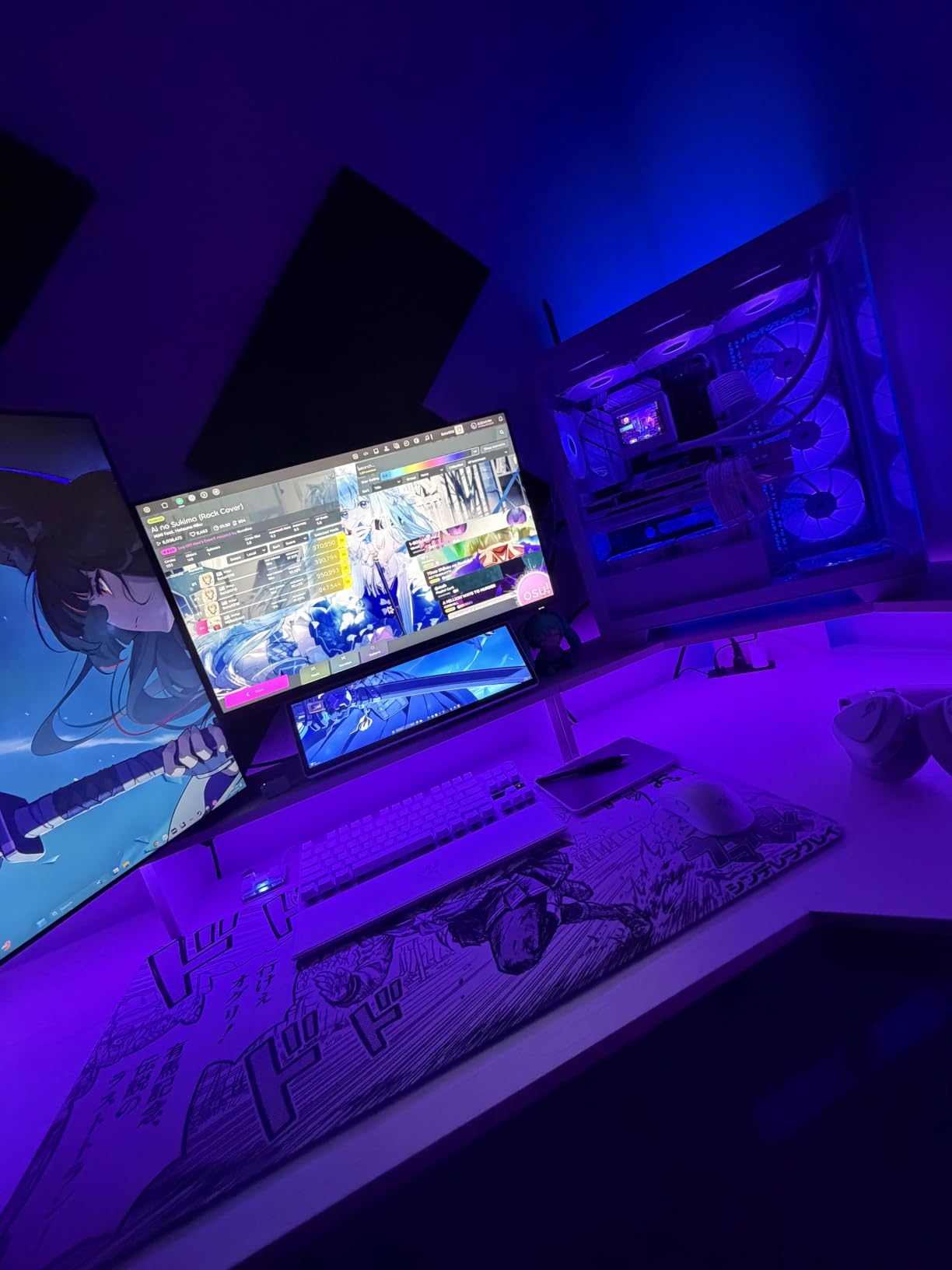 RedLemon 60 Inches L Shaped Electric Standing Desk, Height Adjustable Corner Gaming Desk with Drawers, Keyboard Tray, Power Outlets & LED Lights, Computer Desk with Monitor Shelf, Antique White customer photo 1