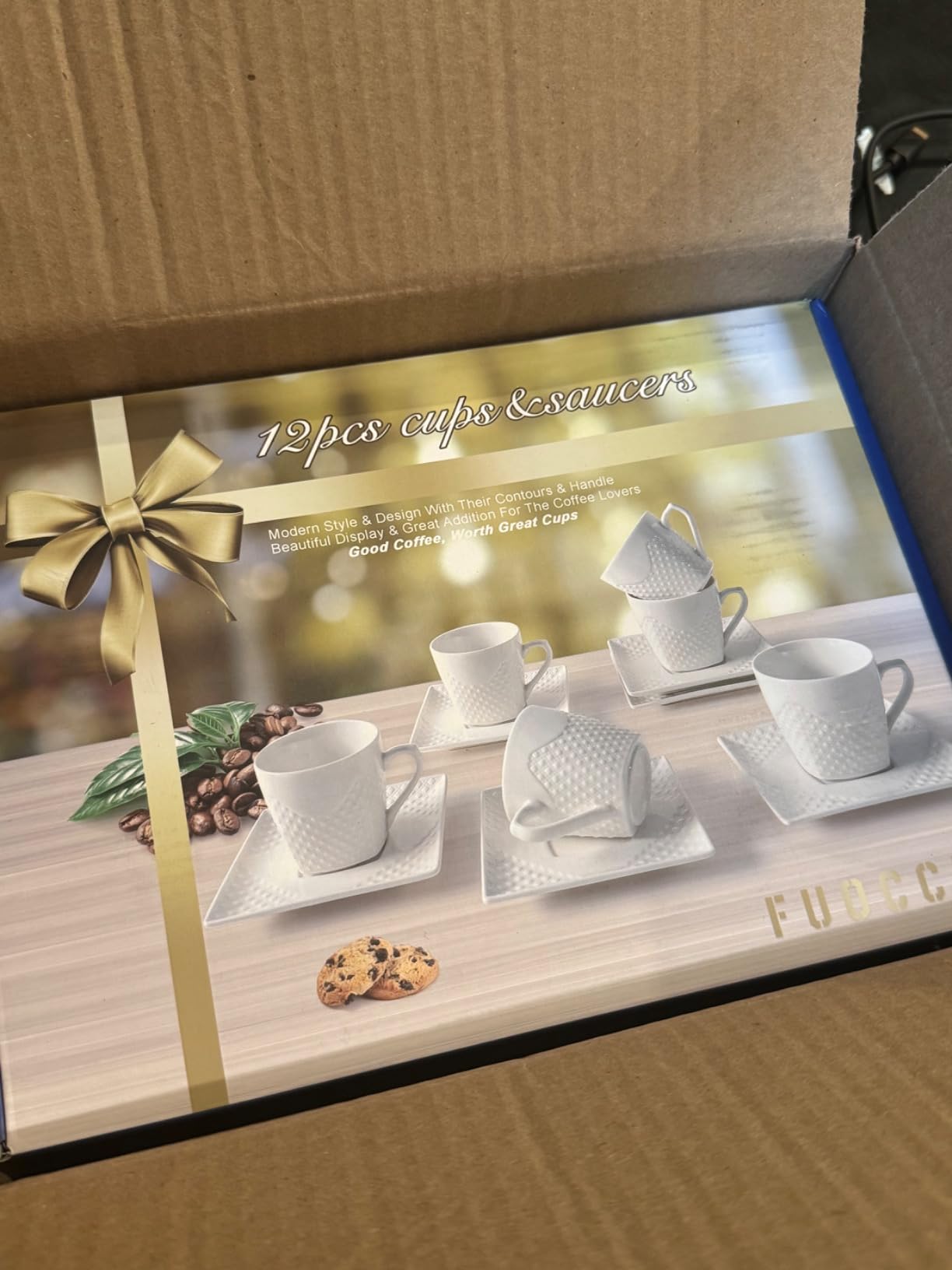 FUOCCI Turkish Coffee Cup Set of 6, Espresso Cups & Saucer, 3 oz Porcelain | (90 ml) Small, Modern Embossed Porcelain Cups for Expresso, Cuban, Turkish & Arabic Coffee, Elegant, White customer photo 2