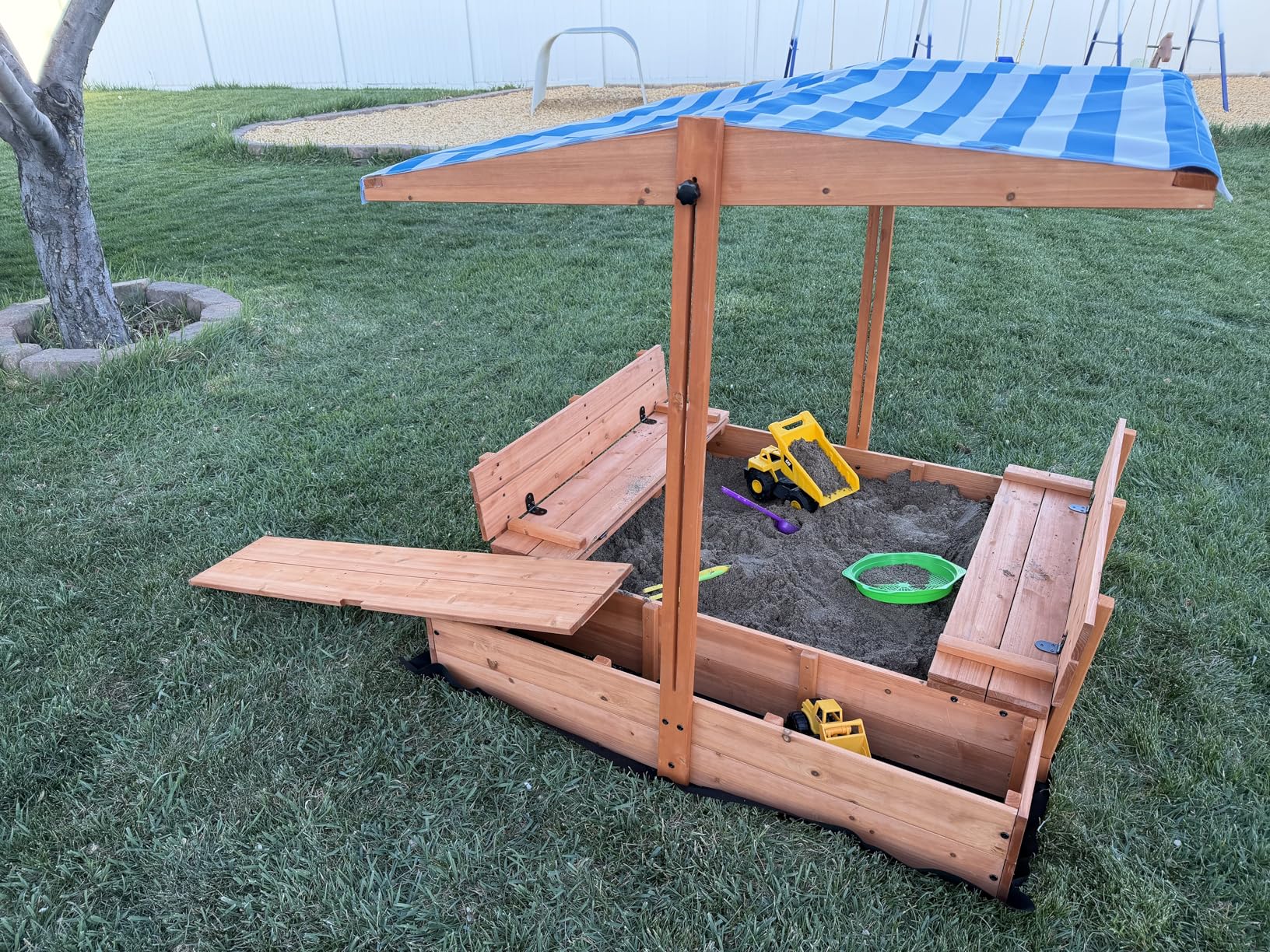 Kids Wooden Outdoor Sandbox with Cover,Sand Boxes with Canopy and Foldable Storage Bench Seats, Sand Table with Protection Bottom Liner,Kids Play Equipment for Outdoor(47X47Inch) customer photo 2