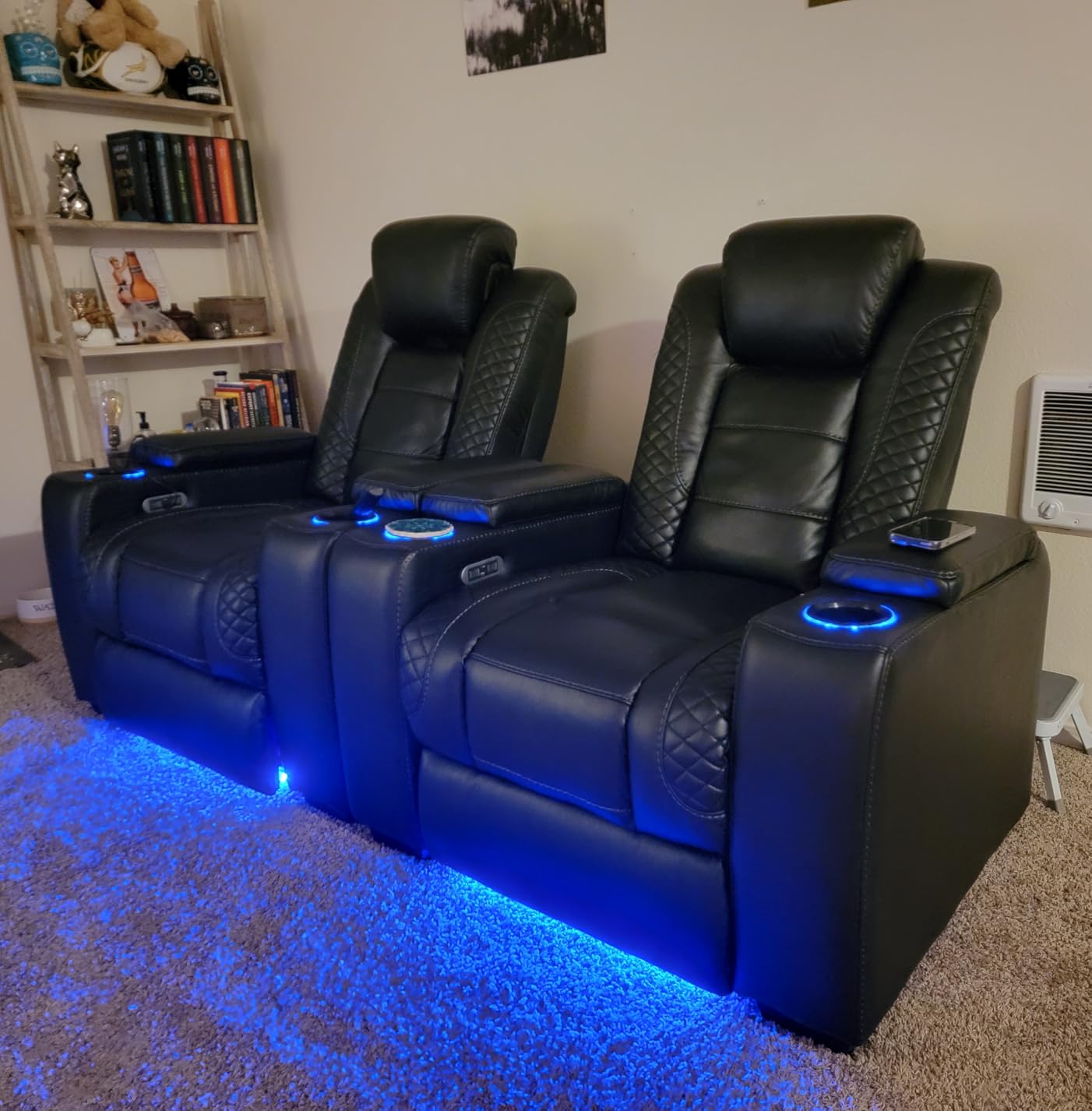 ANJ Power Home Theater Seating, PU Leather Electric Recliner Chair with Adjustable Headrest, Dual Motors Movie Reclining Chairs with LED Lights, USB Port, Cup Holders, Hidden Arm Storage (Blue & Black) customer photo 2