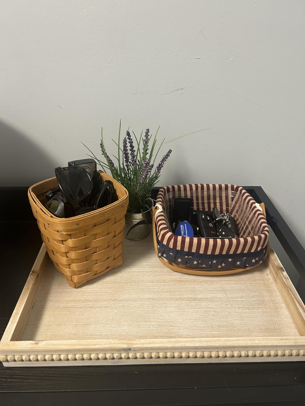 Wooden Decorative Tray, Rustic Serving Tray with Wood Bead, Farmhouse Big Tray for Ottoman, Countertop, Coffee Table, 16.5
