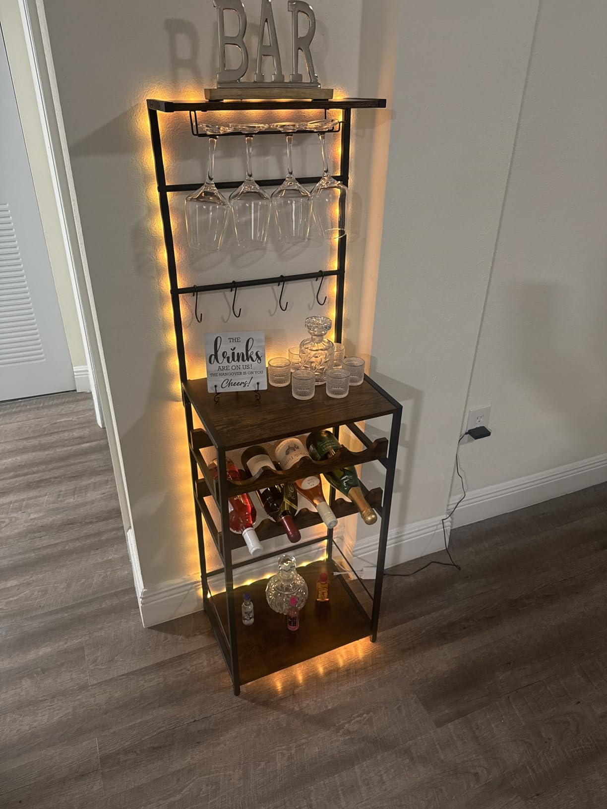 5-Tier Wine Rack Freestanding Floor, Liquor Bar Stand with Glasses Holder and 4 S Hooks, Corner Mini Bar Cabinet for Small Space, 8 Bottles Wine Bar Cabinet for Home customer photo 1