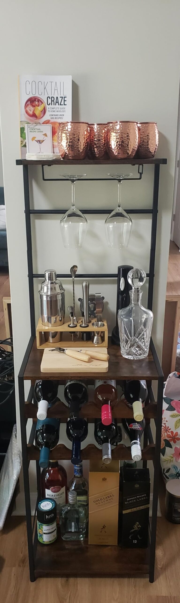 5-Tier Wine Rack Freestanding Floor, Liquor Bar Stand with Glasses Holder and 4 S Hooks, Corner Mini Bar Cabinet for Small Space, 8 Bottles Wine Bar Cabinet for Home customer photo 2