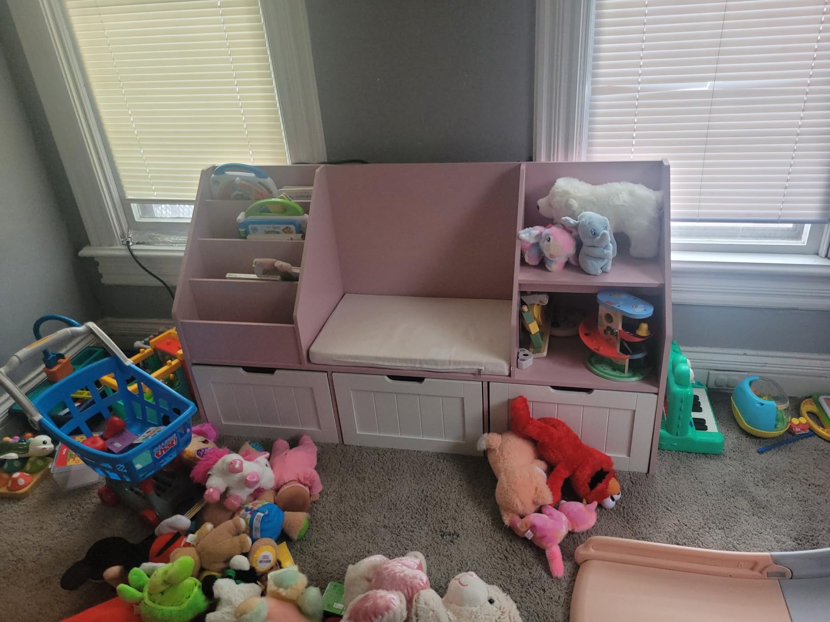 FOTOSOK Kids Bookshelf with Reading Nook, Toy Storage with Seat Cushion | 55.1'' Toy Storage Organizer with 3 Movable Drawers, Kids Reading Nook with Bench for Playroom, Bedroom, White customer photo 2