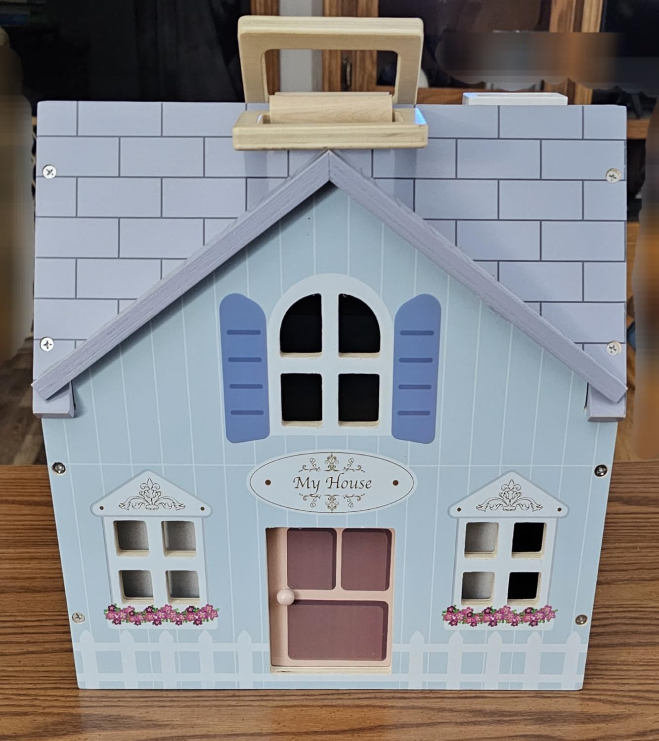 Foldable Wooden Dollhouse with 13PCS Furniture, 4 Rooms and 2 Flexible Dolls, Pretend Play Doll House Set with Portable Handle, Christmas Birthday Gift for Boys Girls Age 3+ customer photo 1